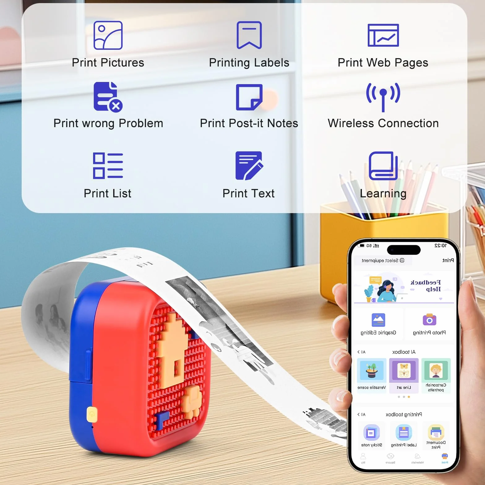 Mini drukarka, mobilna drukarka fotograficzna, przenośna mini drukarka fotograficzna, bezprzewodowa drukarka fotograficzna z 13 rolkami, do smartfona, drukarka Bluetooth, pomoc w nauce,