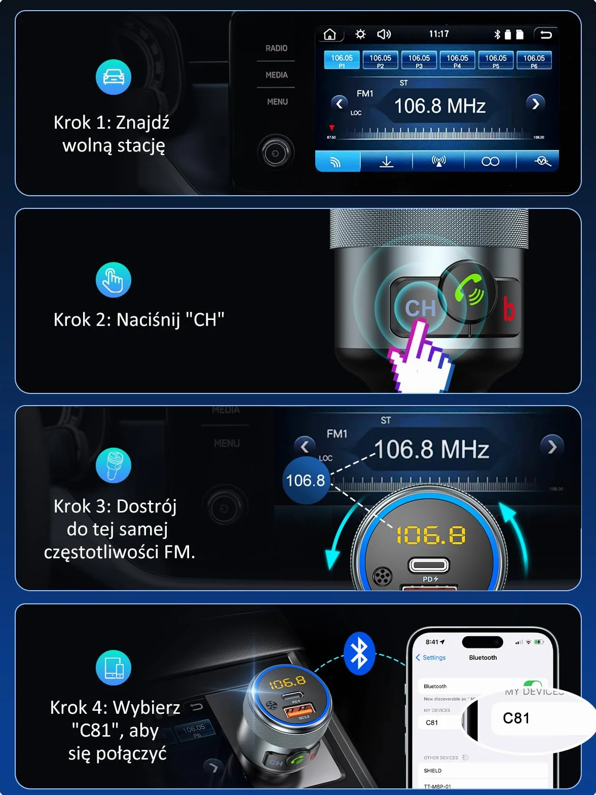LENCENT 5.1 Samochodu Nadajnik FM Bluetooth, Bezprzewodowy Adapter Radiowy z PD3.0 USB-A i QC3.0USB-C ładowarka Fast USB, Zestaw Głośnomówiący, Odtwarzacz Stereo MP3, Hi-Fi, Kolorowe Podświetlenie LED
