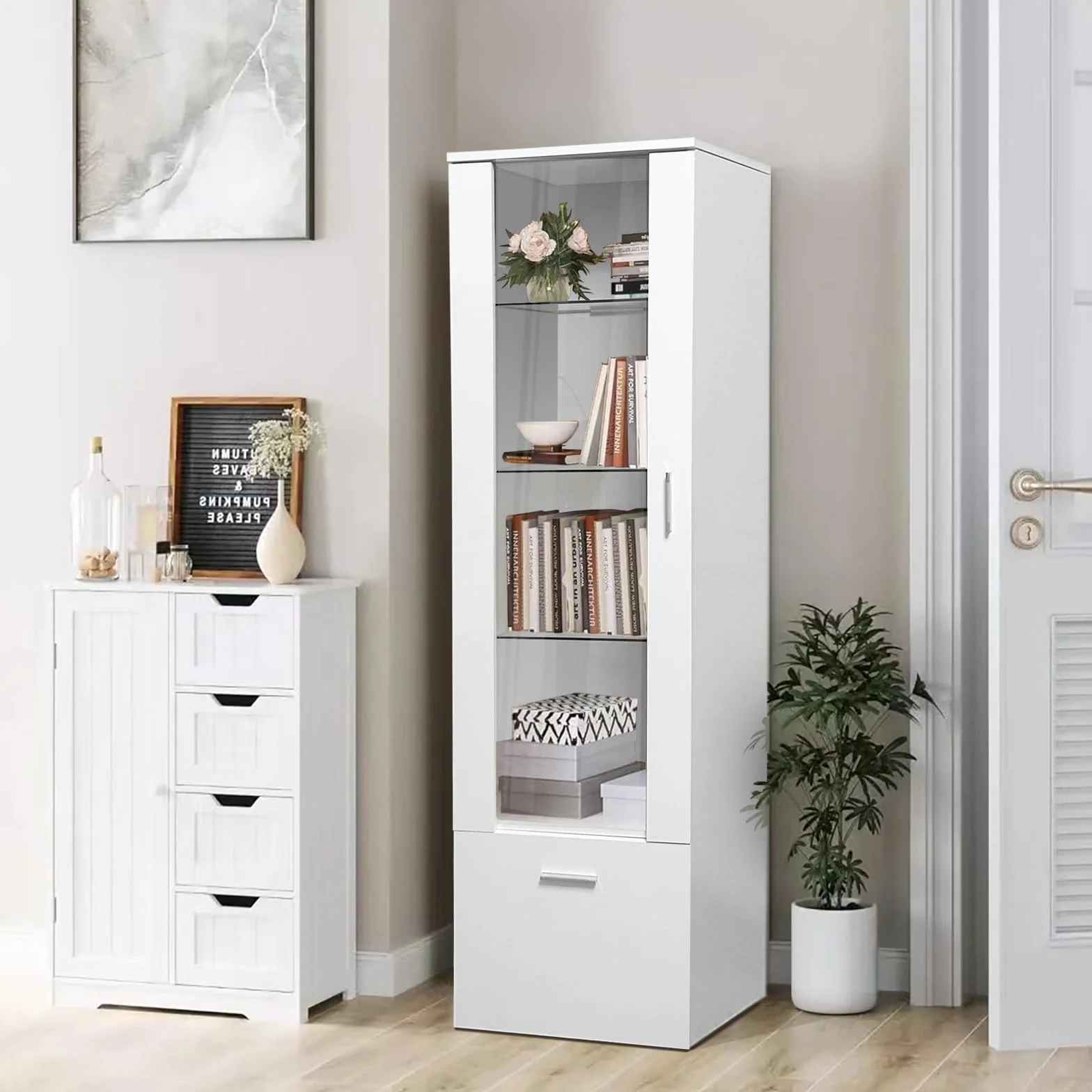 Lot de 2 Vitrines LED avec Porte et Etagères en Verre, Lumières Armoire à Meuble de Rangement pour Salon Bureau, 42 x 30 x 160 cm (Blanc)