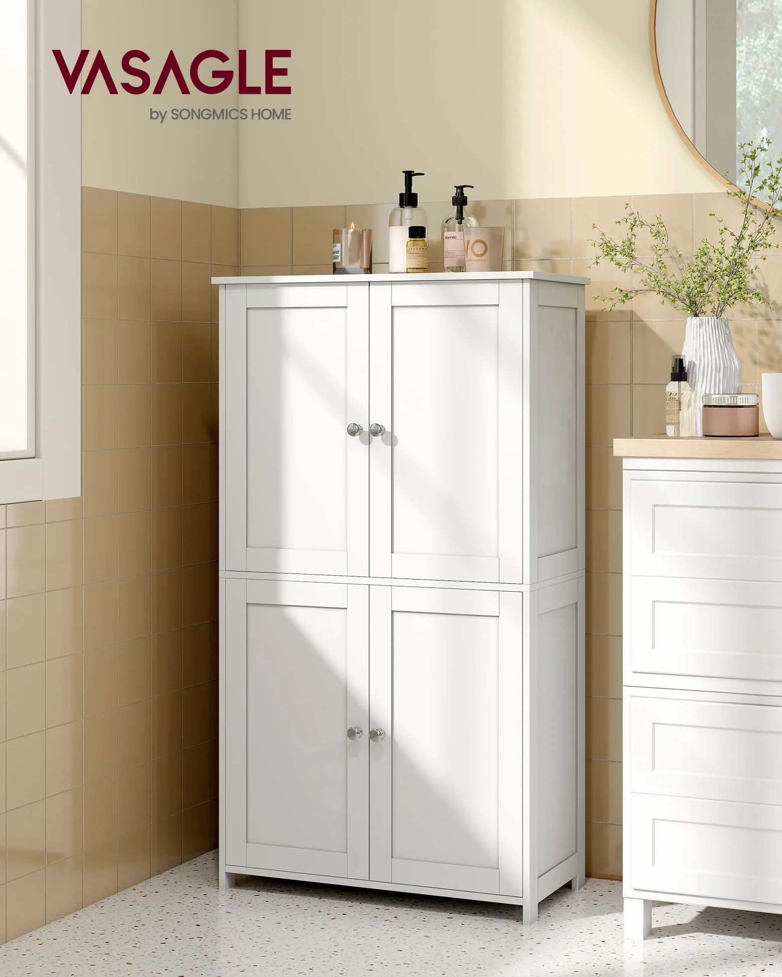 VASAGLE Meuble de Salle de Bain, Armoire de Rangement, Style Shaker, avec 2 Étagères Réglables, 4 Portes, Meuble Haut, pour Cuisine, Blanc Nuage BBC553WH01