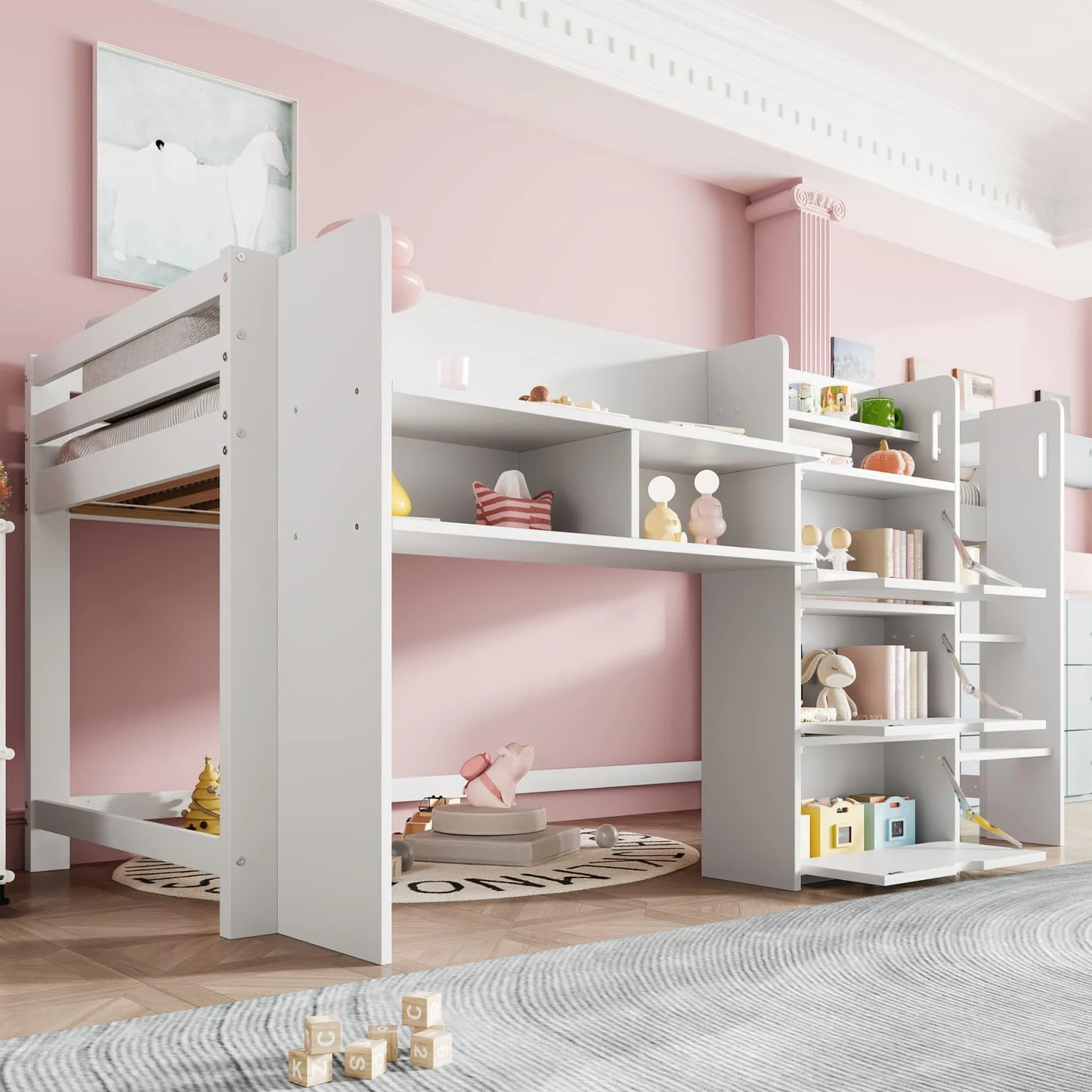 Lit Enfants Mi Hauteur 90x200,Lit Mezzanine 1 Place avec 3 Armoires,étagères Ouvertes,Haute Barrière,Sommier à Lattes Robuste,pour Enfants (A-Blanc)