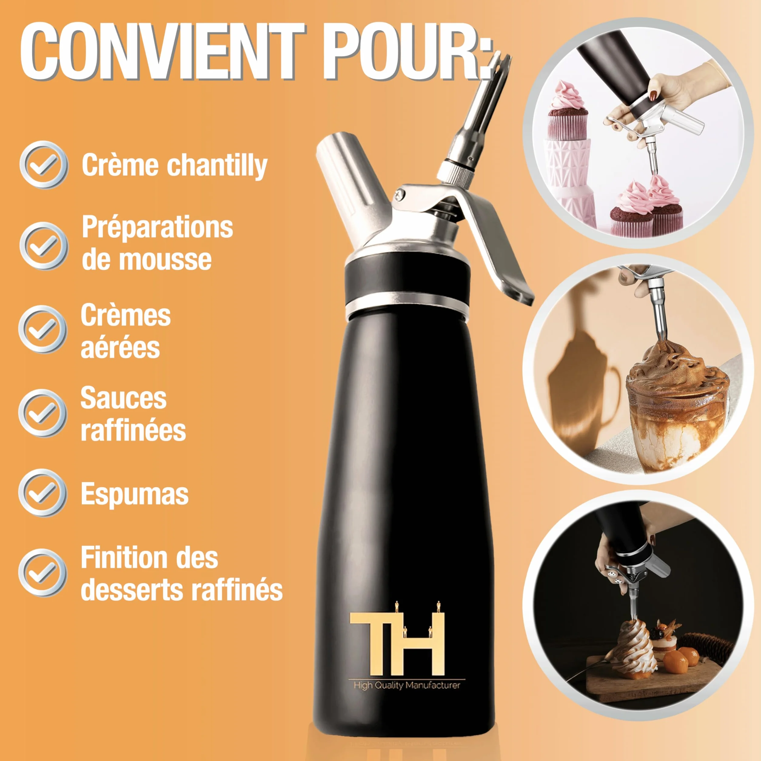 Siphon à mousse Thiru crème inox 3 douilles noir 100 jours d'essai