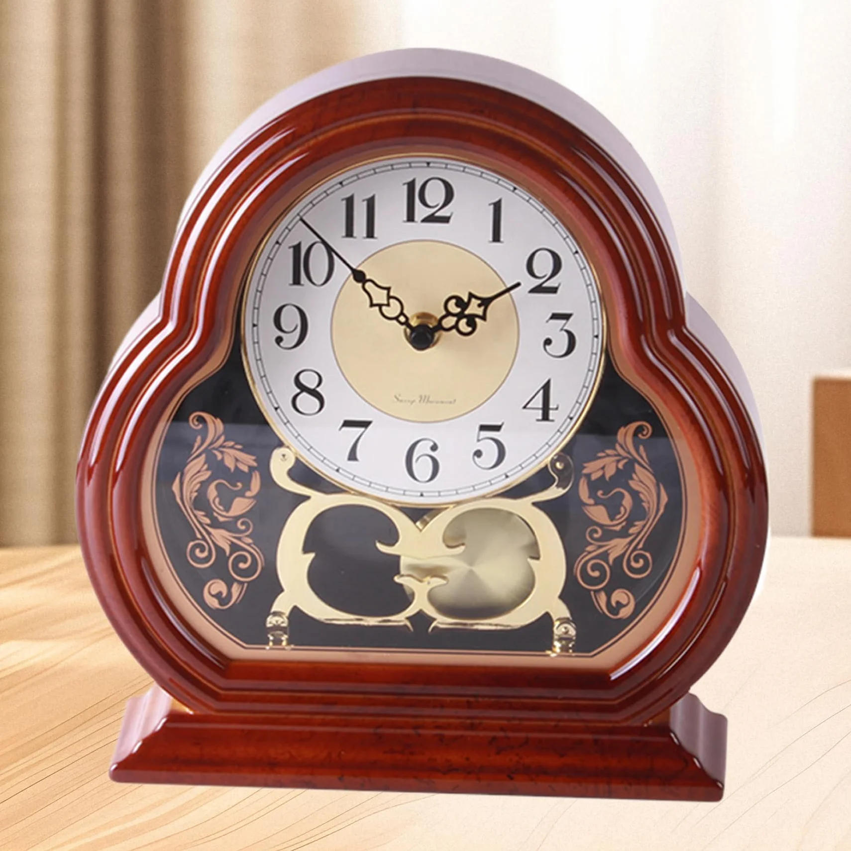 Horloge de Cheminée en Bois de Noyer Vintage Silencieuse avec Balançoire Pendule pour Salon Bureau