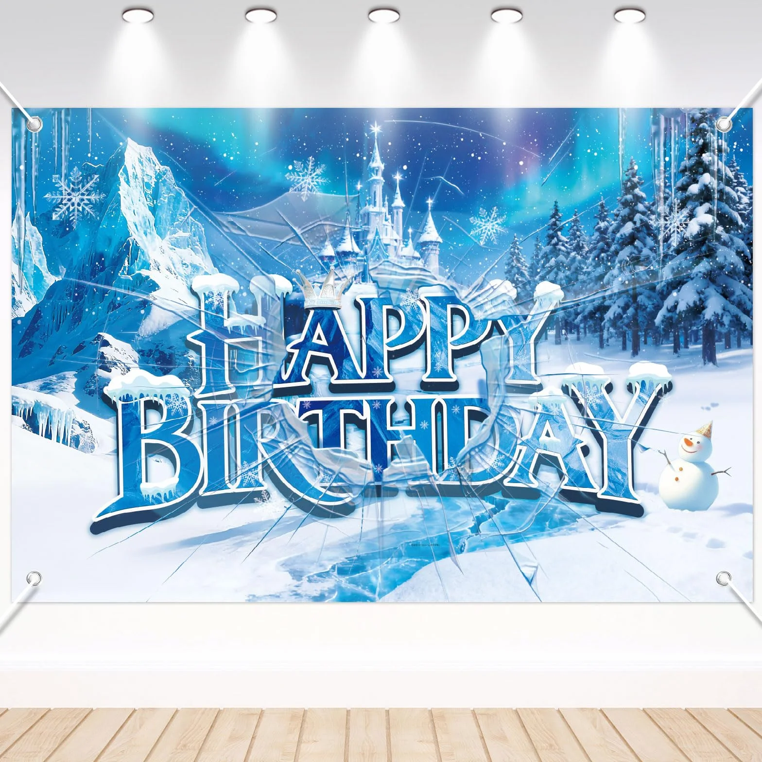 Toile de Fond Joyeux Anniversaire Château de Glace et Neige 150x100cm Bannière Anniversaire Princesse Hiver