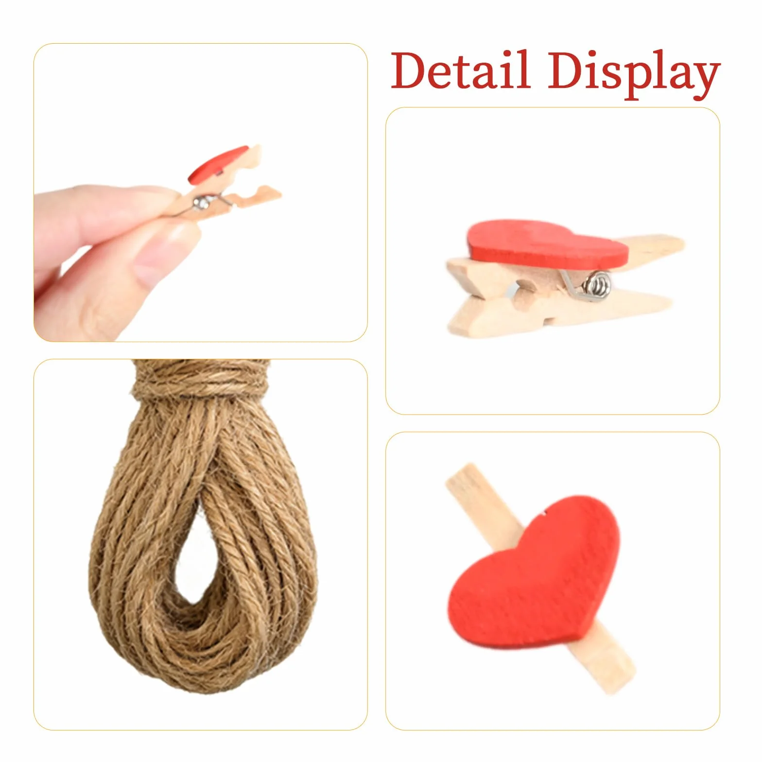 Pêle Mêle Photo Mural 100 Mini Pinces Bois Coeur Fleur 20 m Ficelle Jute 20 Clous sans Trace 3.7 x 2 cm Multicolore