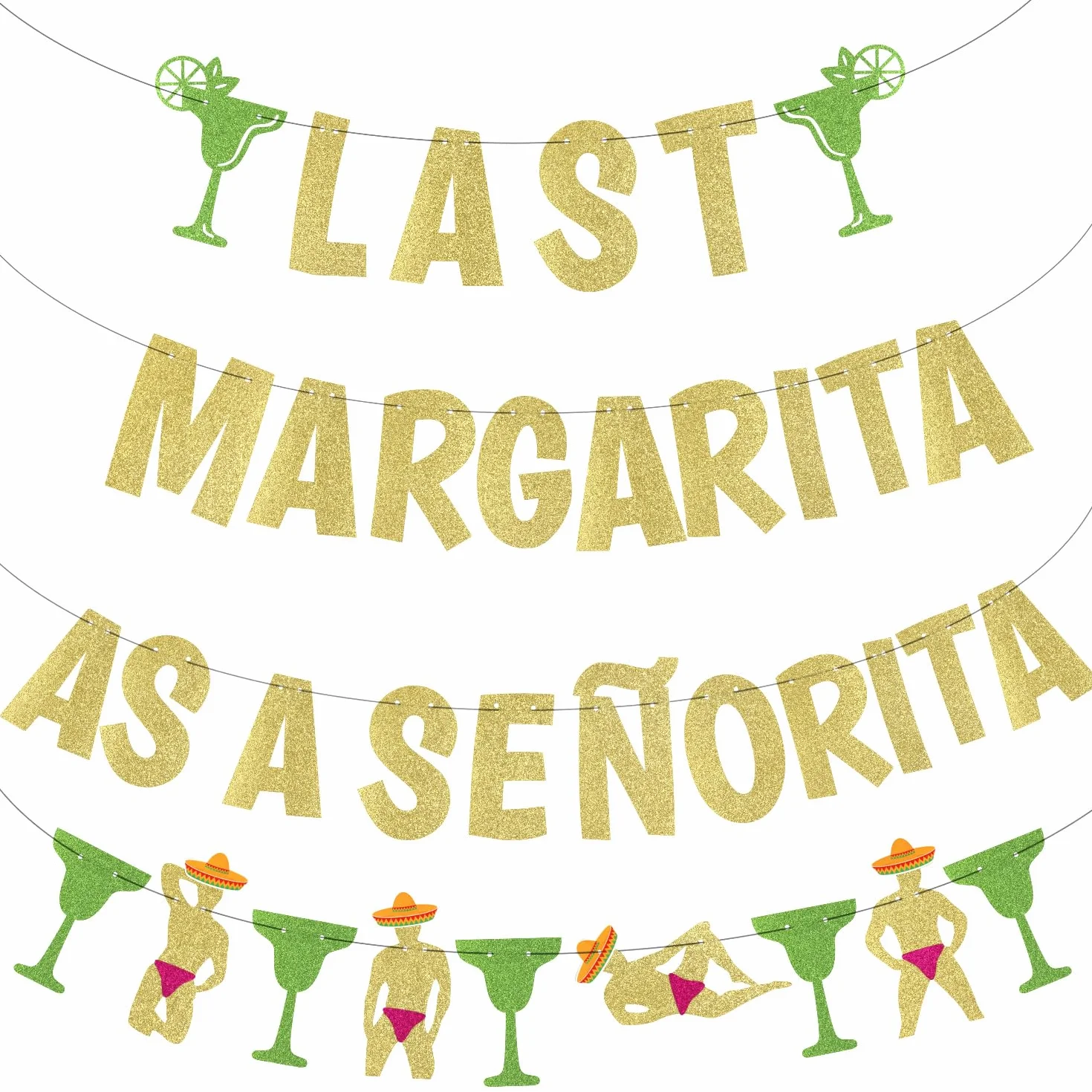 Bannière Margarita à Paillettes Dorées pour Bar, Décoration Enterrement Vie de Jeune Fille, 4 Pièces