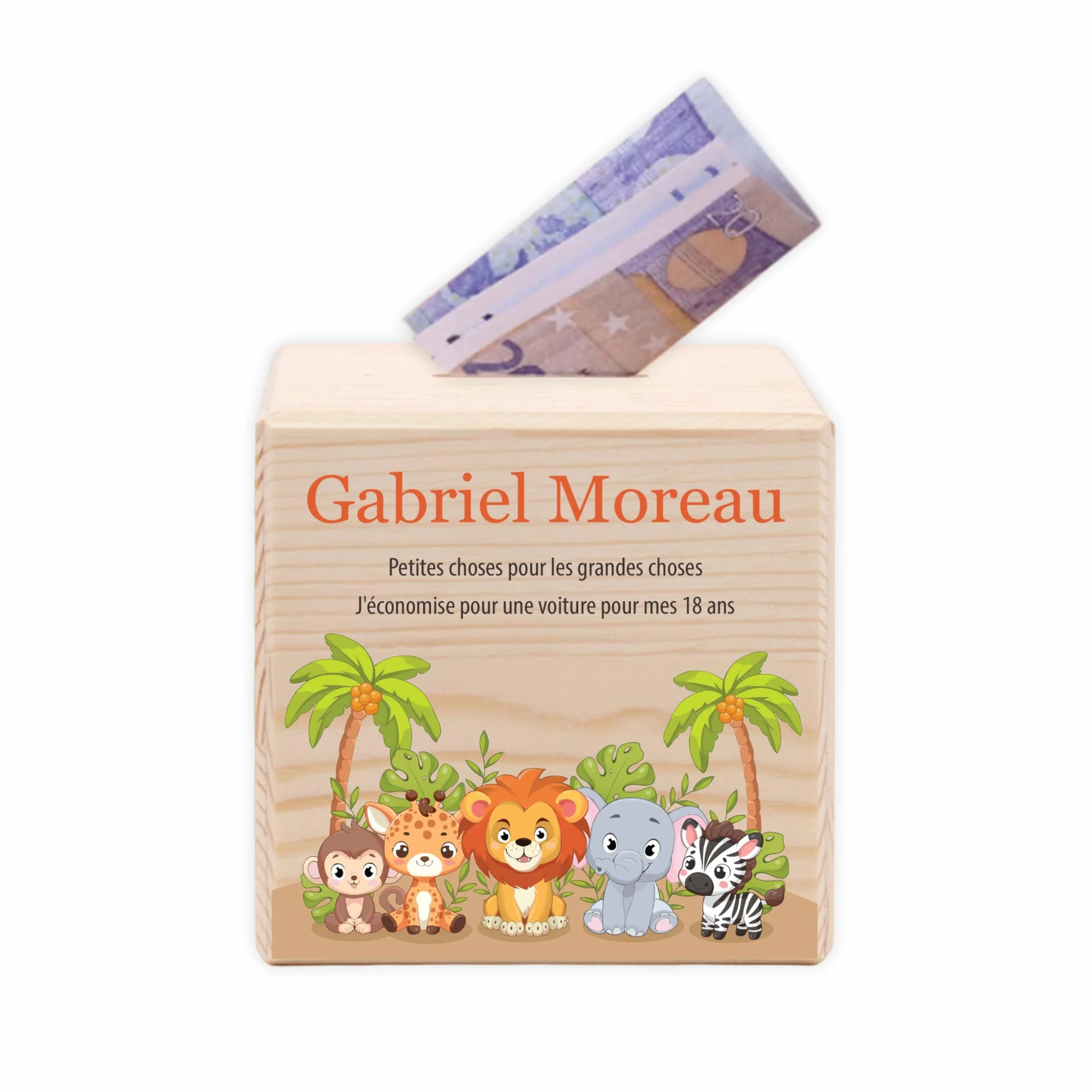 Tirelire Enfant personnalisée avec prénom, Tirelire en Bois - Cadeau personnalisé Baptême, Communion, Confirmation, Anniversaire, Filles & Garçons, Safari