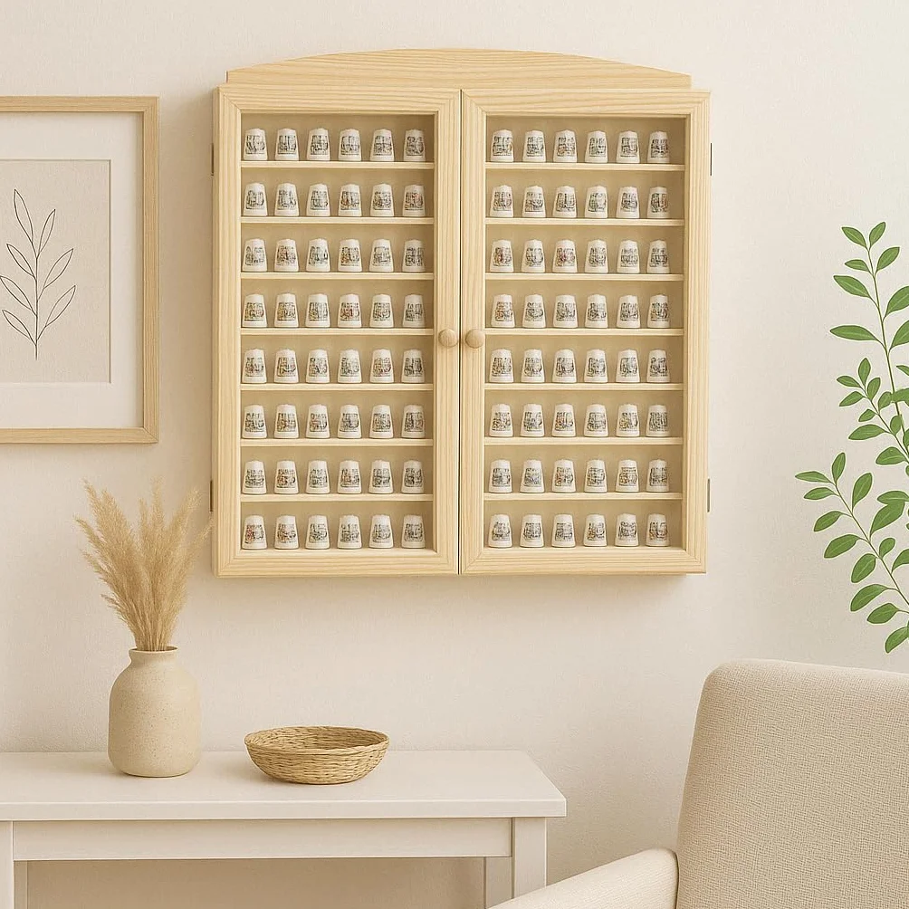 Vitrine Collections dés á Coudre. Capacité 200 dés. Pin Naturel, à Peindre. Mesures (Largeur/Fond/Hauteur) : 66 * 6 * 72 cms.