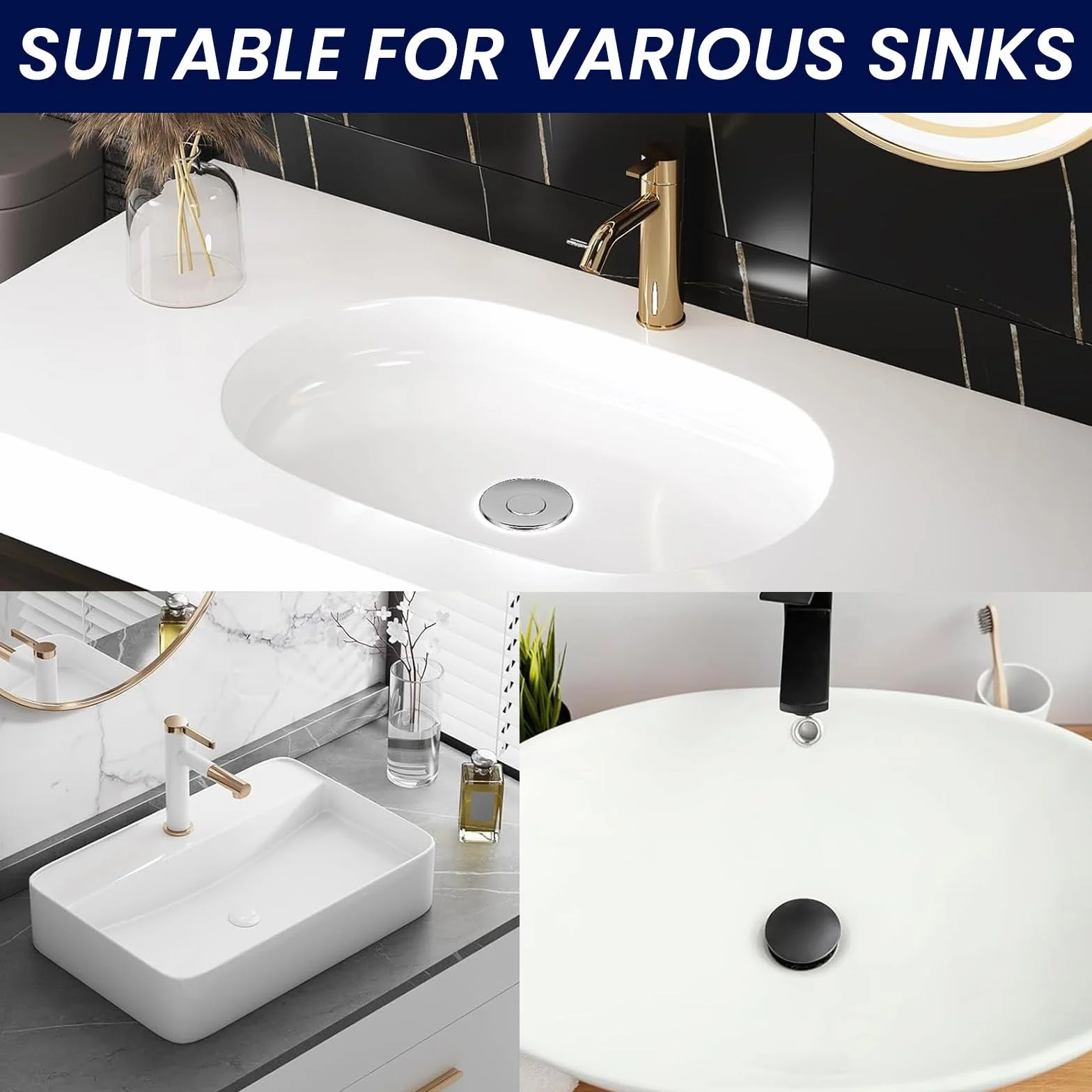Bonde de Lavabo Universel 34-40mm avec Filtre Amovible, 2 Pièces Pop Up pour Salle de Bain