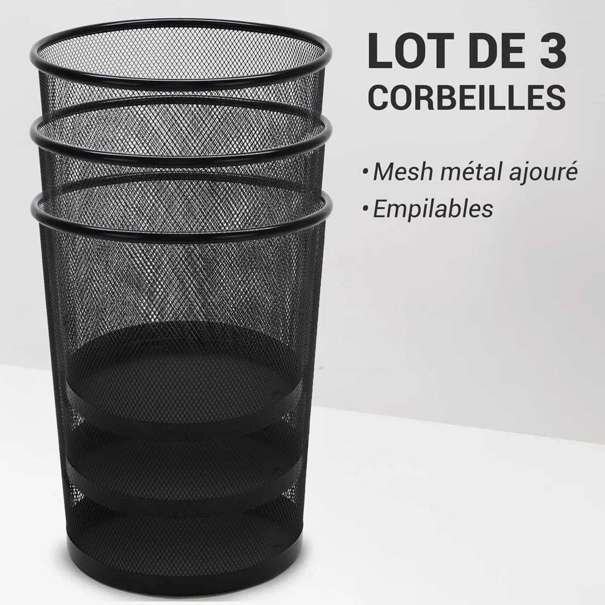 Waytex Lot de 3 Corbeilles à Papier Bureau Métal Mesh Noir 18L Diamètre 29,5cm x Hauteur 34cm