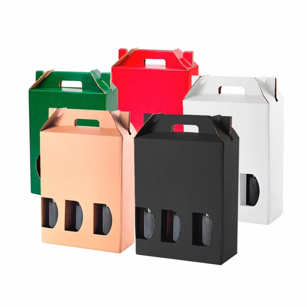 Lot de 10 boîtes en carton pour 3 bouteilles de vin, cava, champagne ou liqueur noir. Modèle automontable de boîte avec fenêtre pour emballage bouteilles très original.