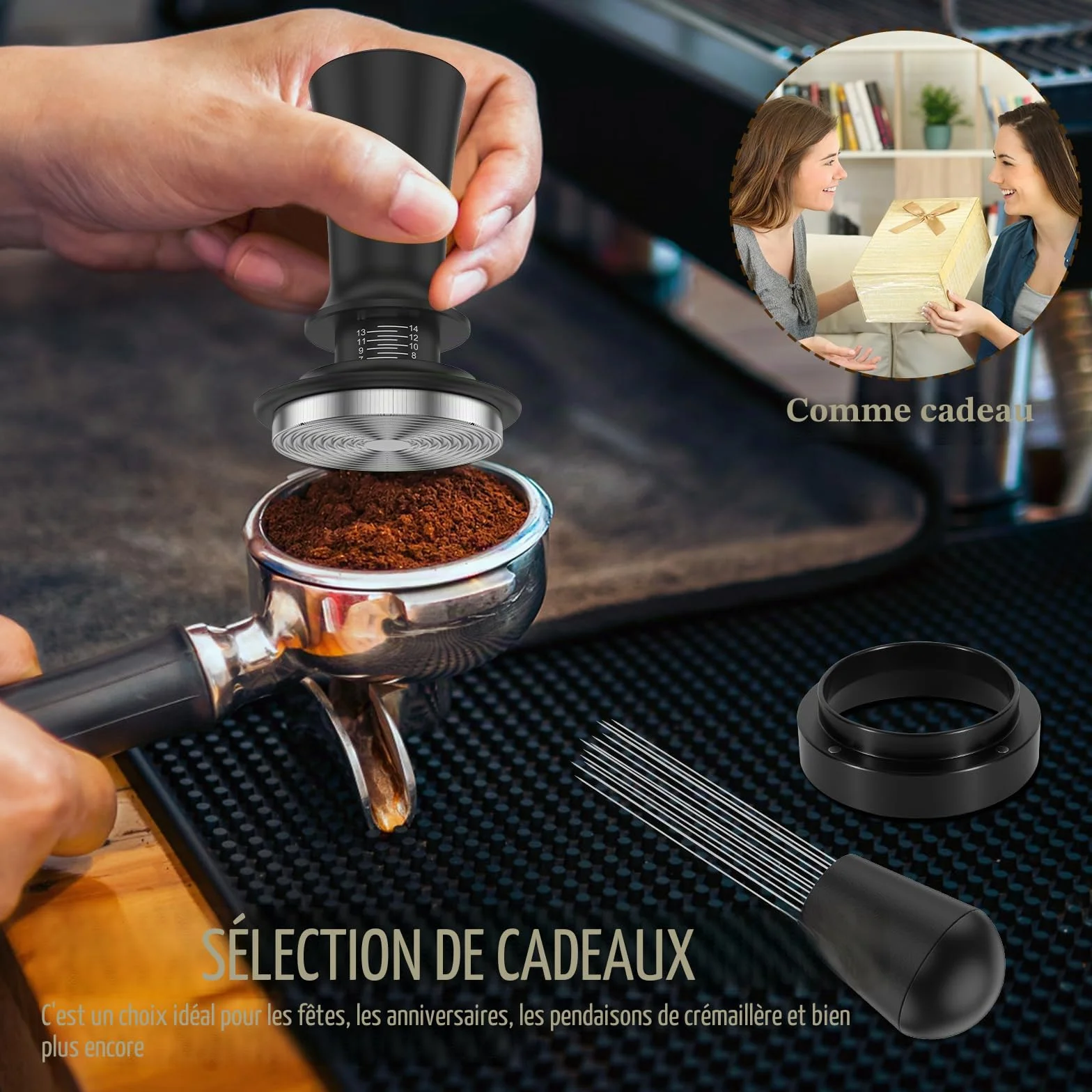 Lot de tampons à expresso de 51 mm avec aiguille à expresso, tampon à café avec distributeur de tamper, anneau de dosage de 51 mm, agitateur à expresso, aiguilles, mélangeur à café, écran