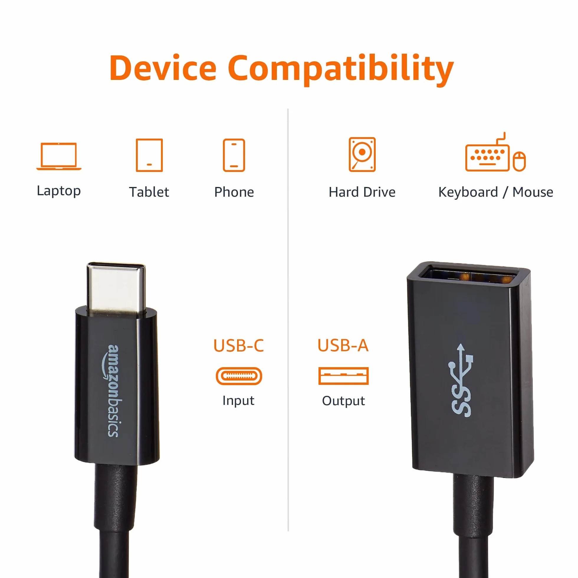 Amazon Basics Câble adaptateur femelle USB 3.1 USB-C vers USB-A haut débit 5 Gbit/s certifié USB-IF noir