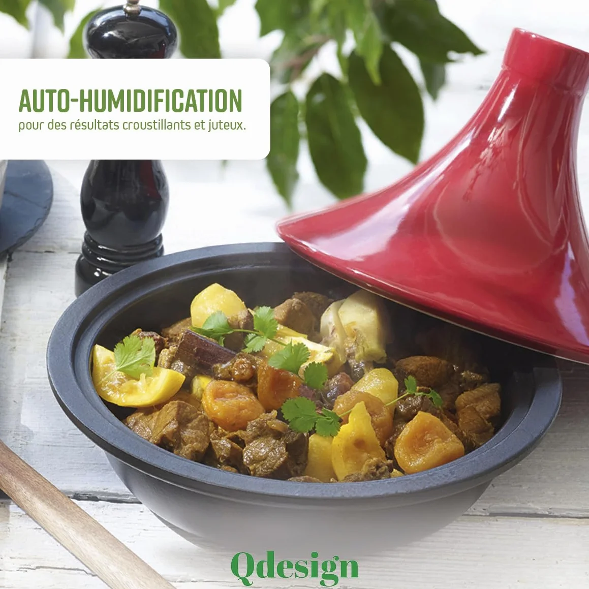 Qdesign - Tajine en fonte Ovale 29 cm - Contenance 2,4 L - Couvercle en céramique - Convient pour Induction - Passe au Four - Rouge
