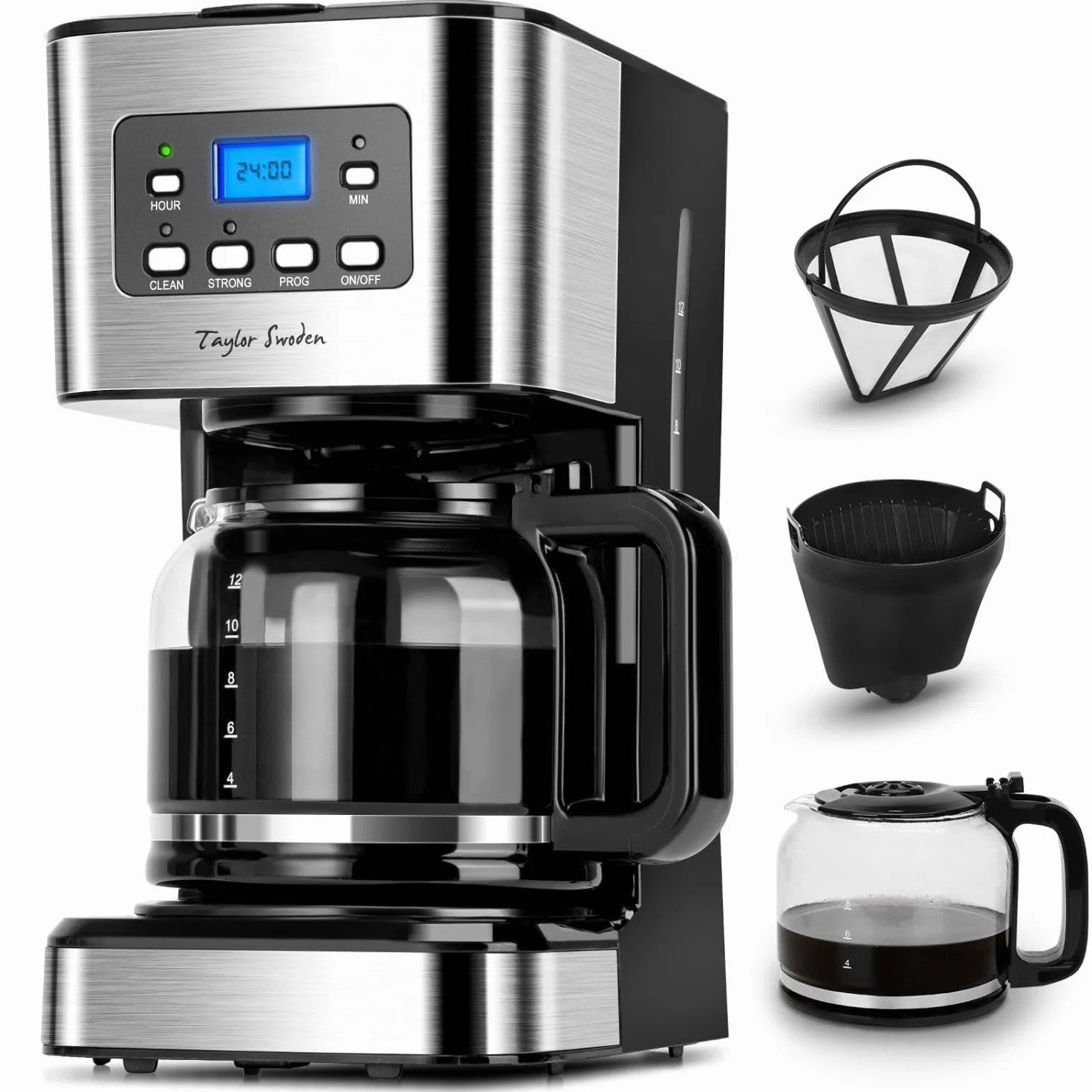 Taylor Swoden Cafetiere Filtre, Programmable 24h Cafetiere Electrique 1,5L à 12 tasses, Machine a Cafe Maintien au Chaud et Anti-Goutte 40 Min, Infusion Rapide, 950W, 0% BPA, Noir - Darcy
