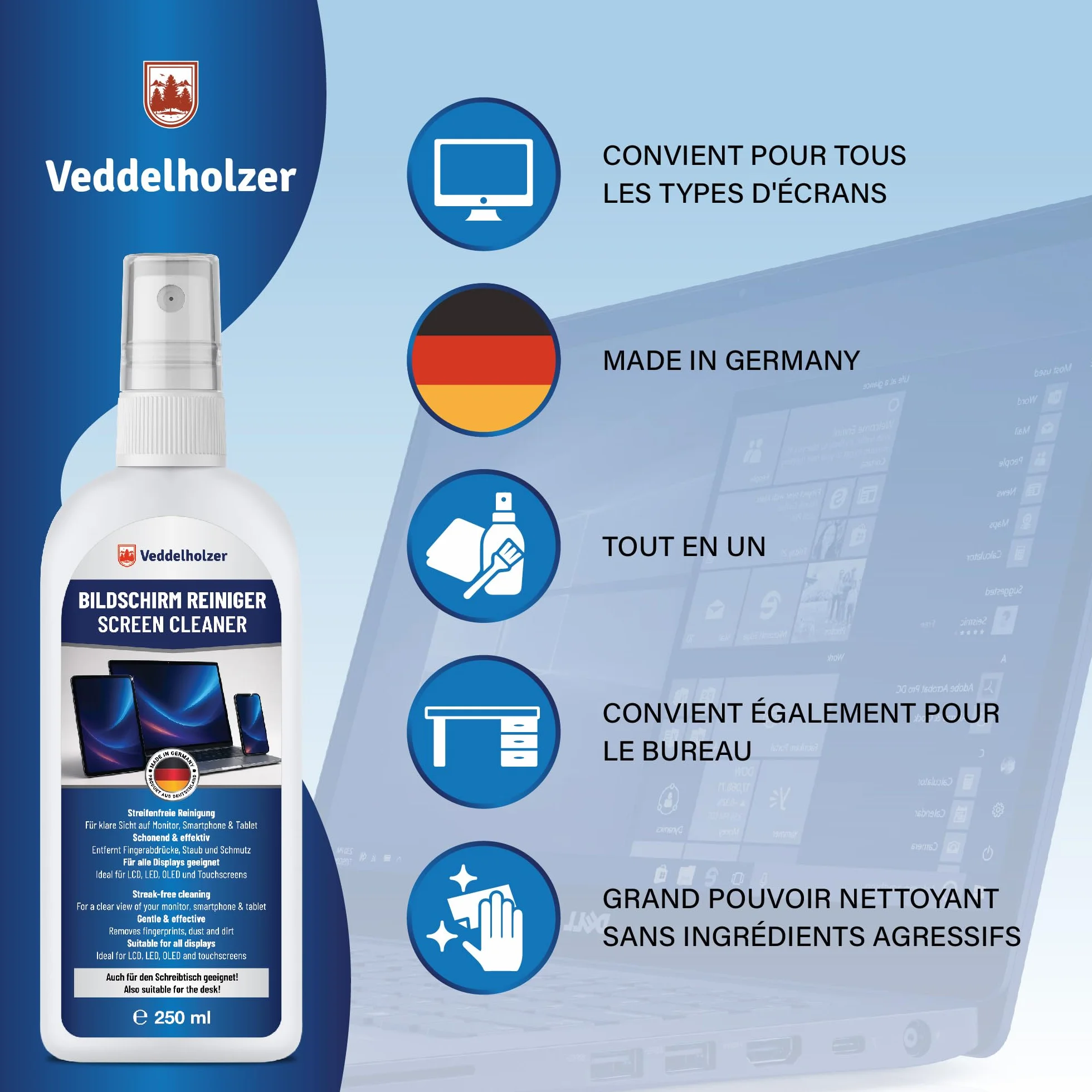 Veddelholzer Kit de Nettoyage pour écrans 250 ML avec Chiffon en Microfibre et Pinceau