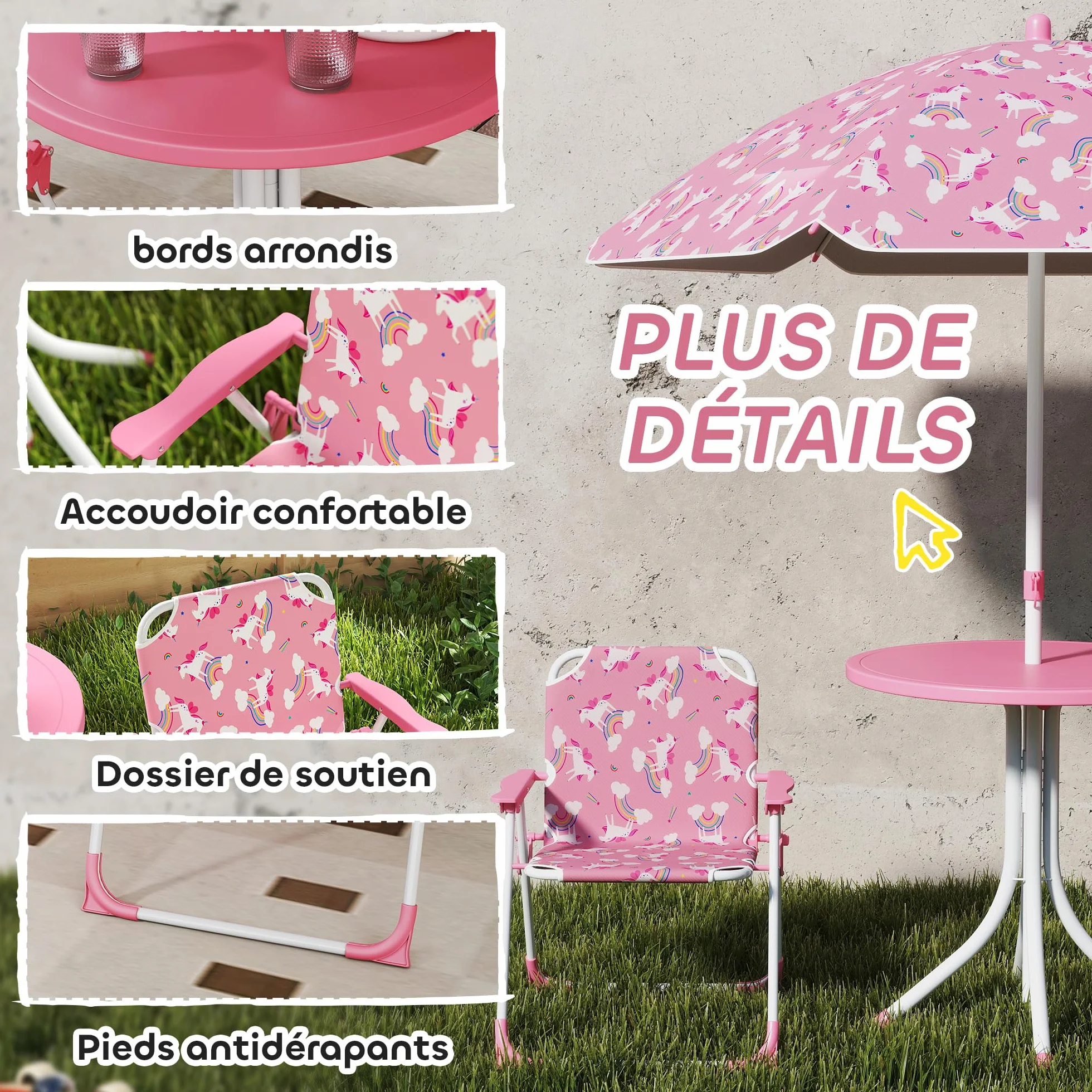 AIYAPLAY Ensemble Salon de Jardin Enfant Table avec Chaise 4 Pièces Motif Éléphant Girafe Parasol Réglable Ø 100 cm Pliable Rose