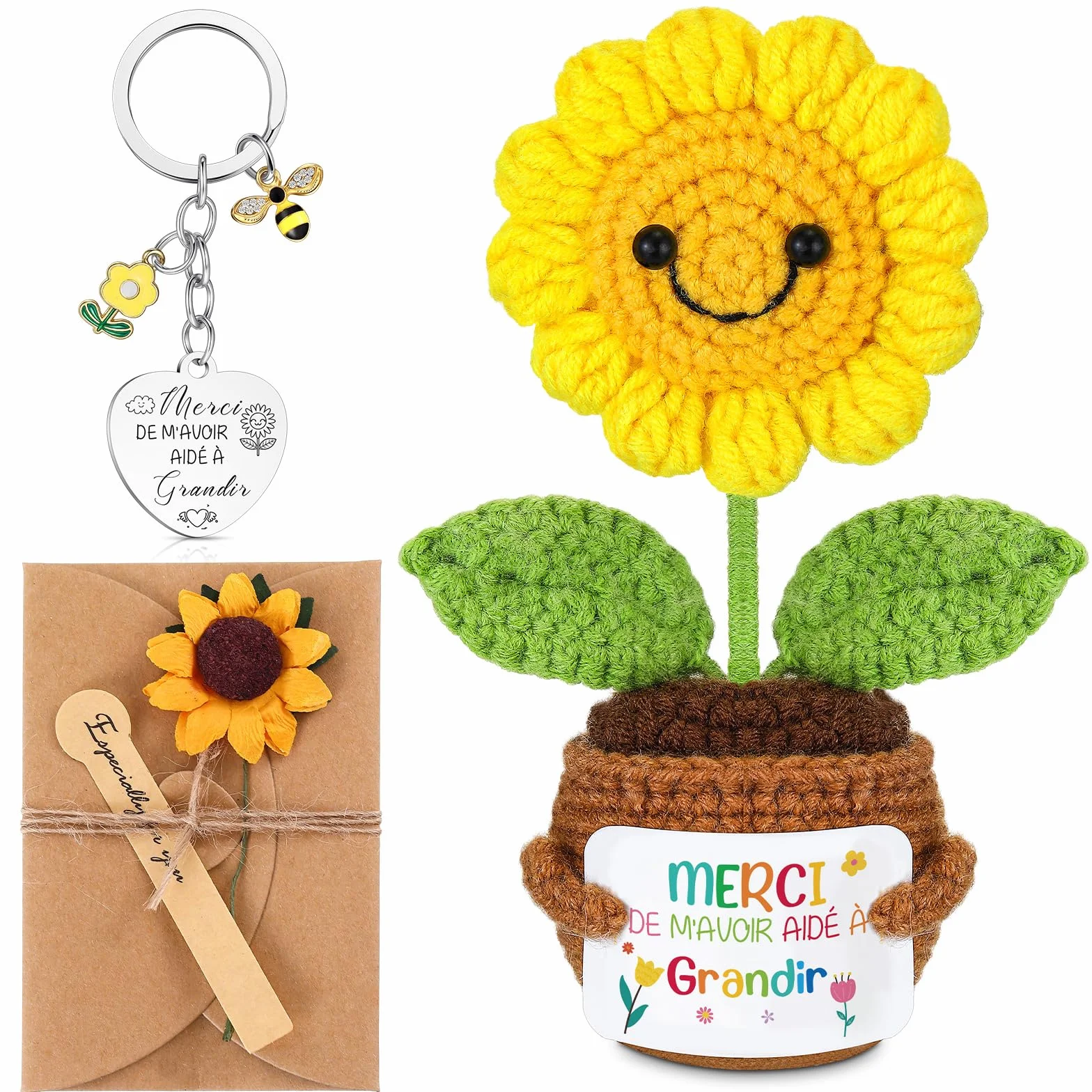 Mini Poupée Tournesol au Crochet avec Carte Porte-Clés pour Professeur, Carte de Vœux en Papier Kraft avec Fleurs Séchées