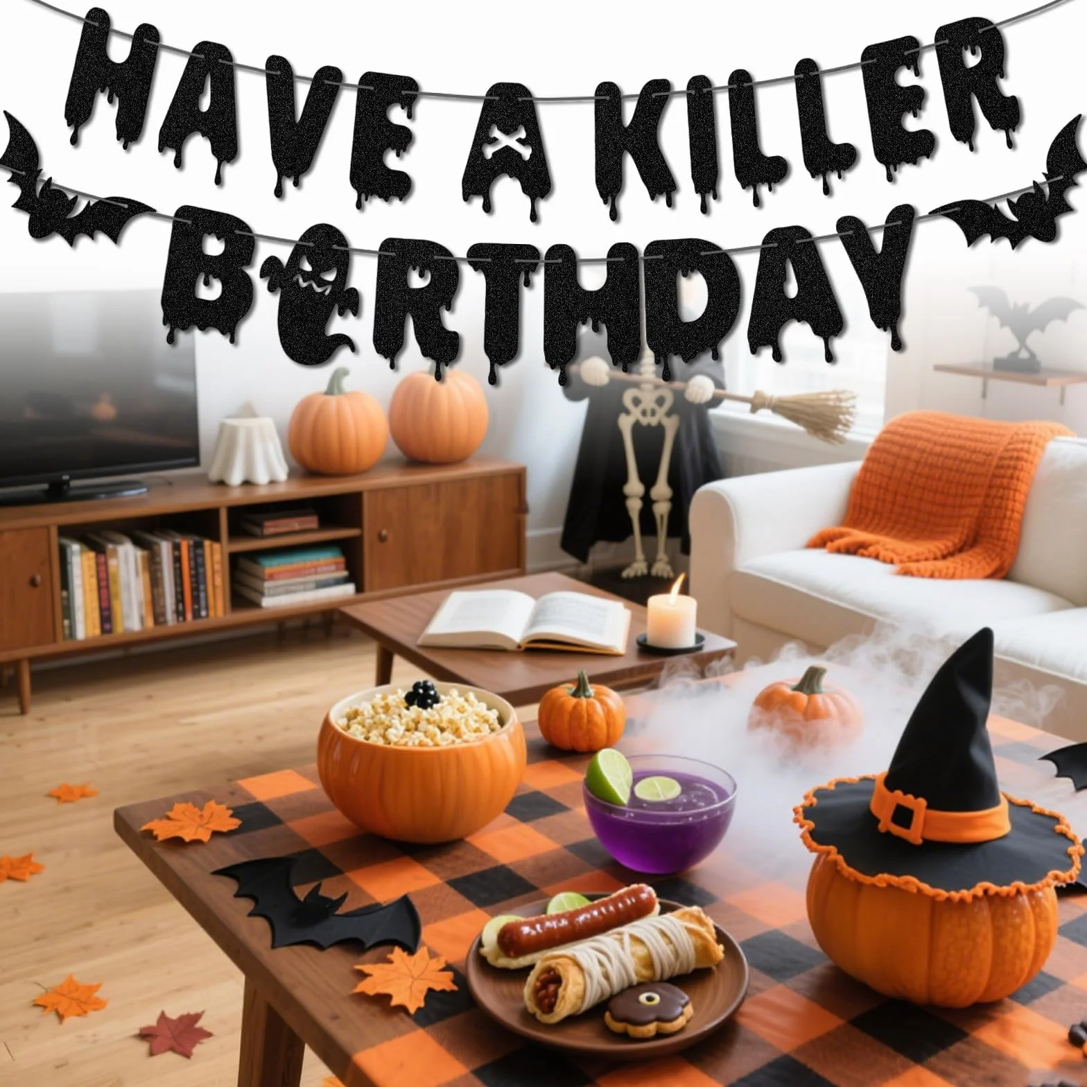 Banderole d'Anniversaire Have a Killer Pré-Montée Motif Chauve-Souris Décoration Halloween Guirlande Suspendue (Noir)
