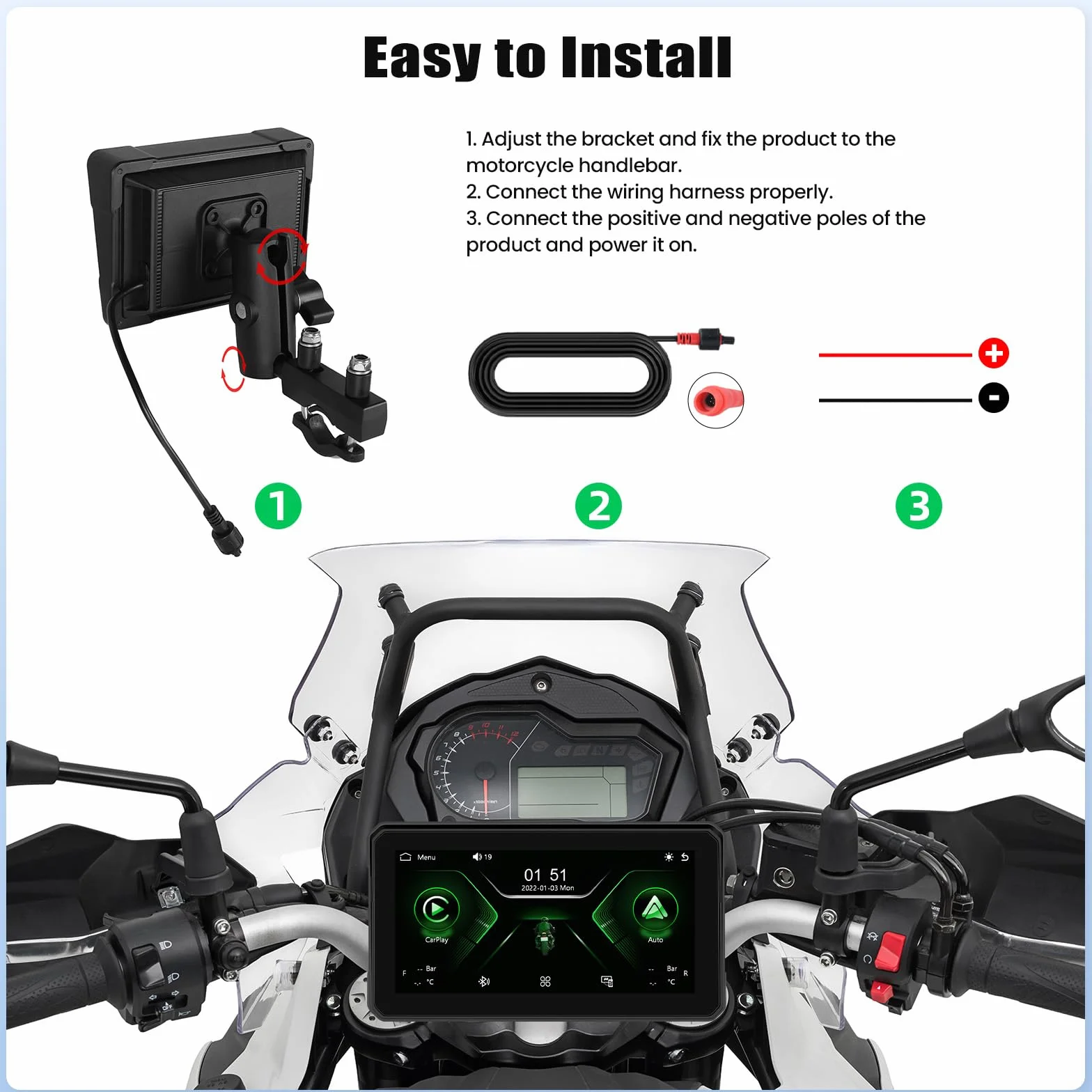 Carplay przenośny wyświetlacz motocyklowy Carplay, z systemem Android, bezprzewodowy, IP68, wodoszczelny, wyświetlacz GPS CarPlay, kompatybilny z Bluetooth, Mirrorlink, Siri