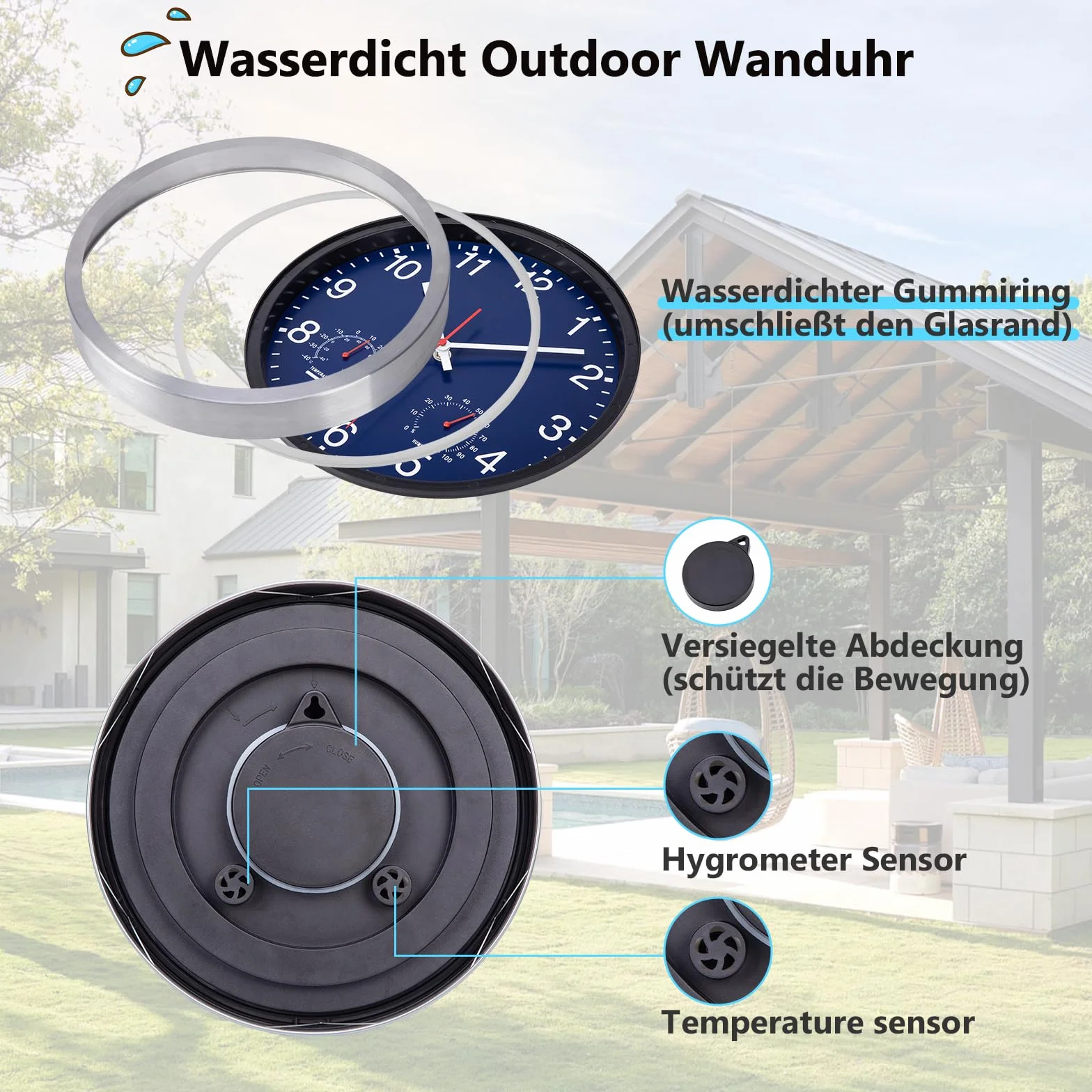 ACCSHINE Horloge Murale Extérieure 30 cm étanche avec Affichage Température Humidité