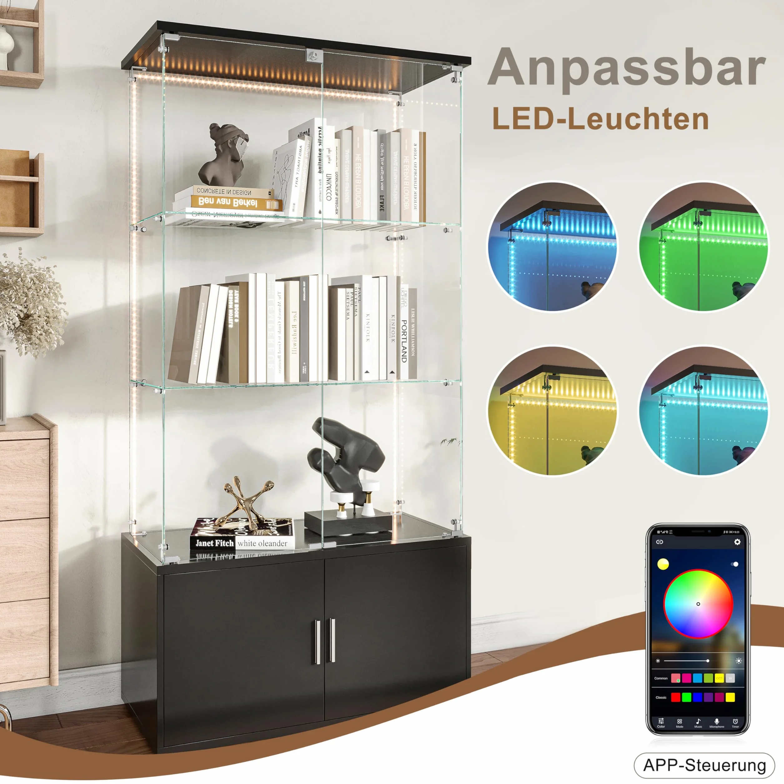 Vitrine d'exposition en verre noir avec 4 étages, vitrines en verre avec serrure, 78,5 × 35 × 164 cm, vitrine en verre vitrine salon avec LED vitrines d'exposition, noir