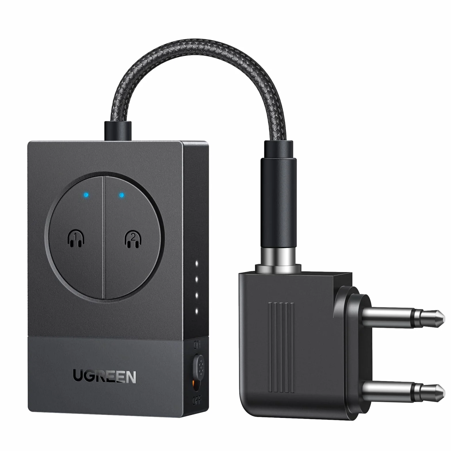 UGREEN Adapter Bluetooth do samolotu, nadajnik Bluetooth 5.4 do 2 AirPodsów lub słuchawek, czas pracy baterii 19 godzin, gniazdo Bluetooth AUX 3,5 mm, kompatybilny z samolotem, telewizorem i siłownią