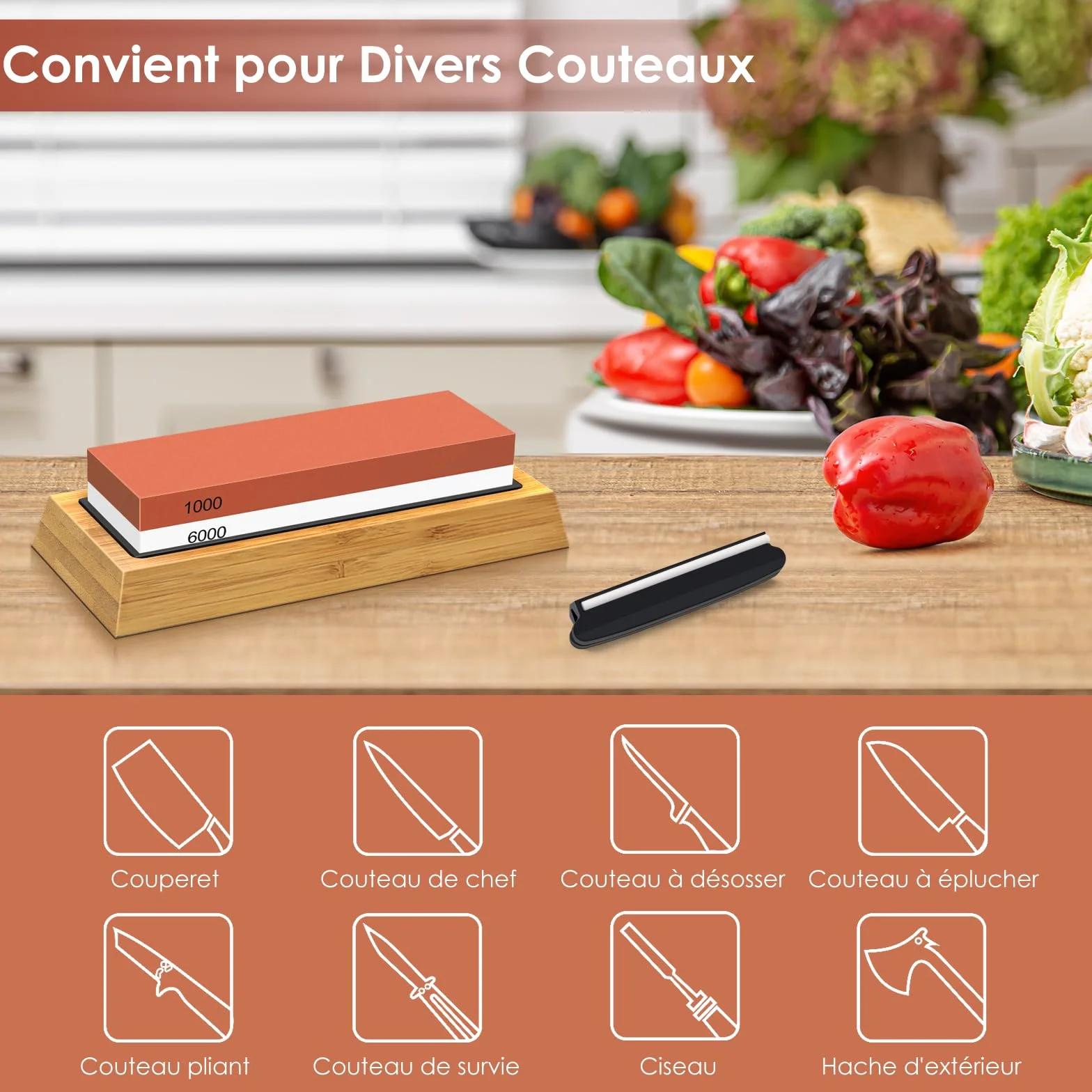 Pierre à Aiguiser 2 en 1 Professionnelle Double Face Grain 1000/6000, Aiguiseur pour Couteaux de Cuisine avec Base Antidérapante