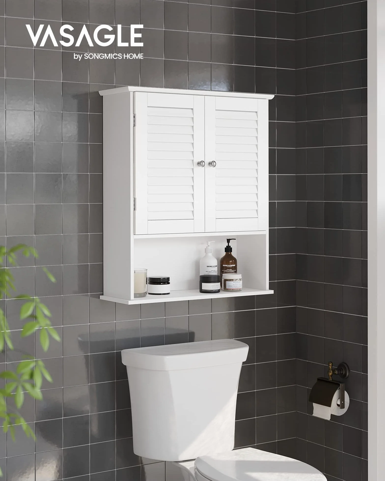 VASAGLE Meuble Mural, Meuble de Rangement Suspendu pour Salle de Bains, Armoire à Pharmacie avec Étagère Réglable, Double Porte et Étagère Ouverte, 20 x 60 x 70 cm, Blanc BBC27WT