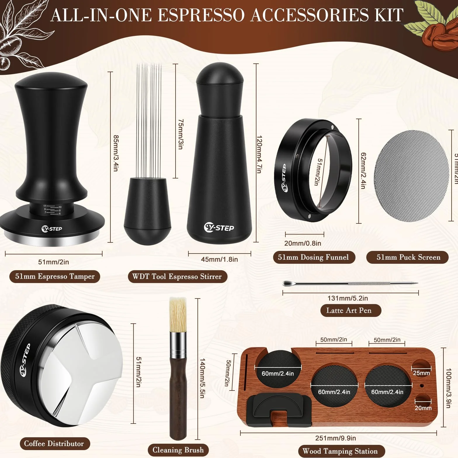 Y-Step Lot de 8 accessoires pour expresso - Tamper à café 51 mm avec station de tamper, Coffee Leveler, outil WDT, bague de dosage, brosse de nettoyage, puck screen, agitateur, pour machine à expresso