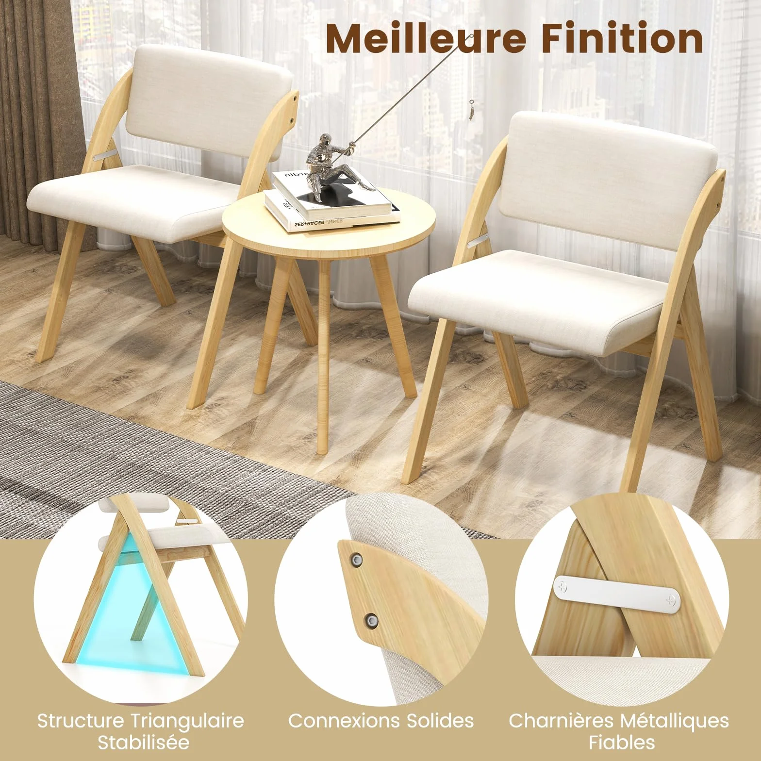 RELAX4LIFE Lot de 2 Chaise Pliante Bois, Chaise Salle a Manger avec Siège Rembourré, Housse en Lin, Chaise Pliable Interieur, Peu Encombrante, pour Cuisine, Salle à Manger, Bureau (1, Naturel+Beige)