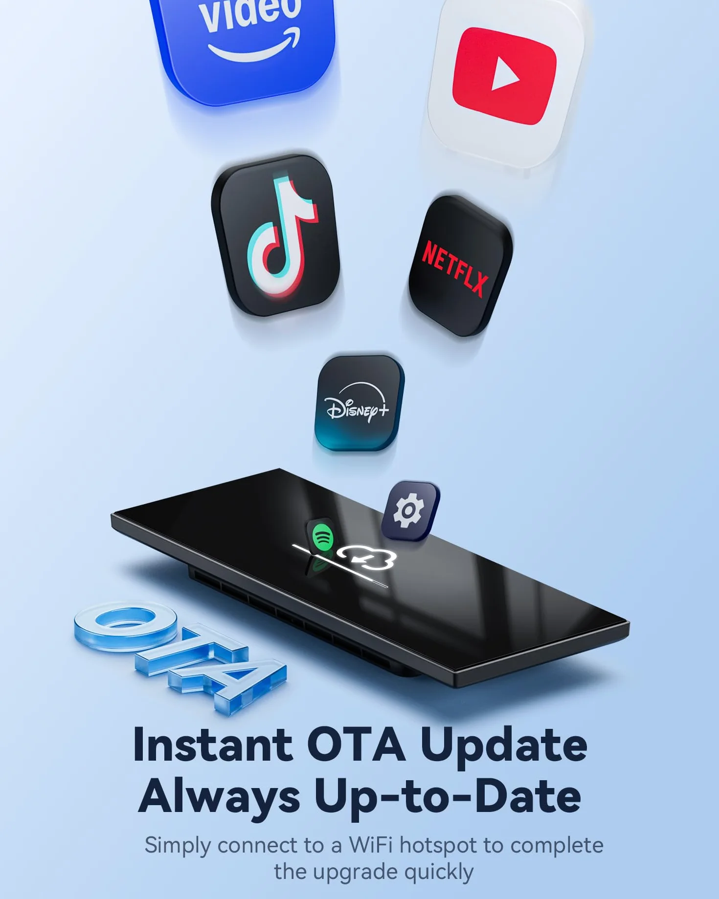 Bezprzewodowy przenośny ekran do odtwarzania samochodu 60 kl./s, do Apple CarPlay i Android Auto, aktualizacje OTA, kamera zapasowa, łącze lustrzane, Bluetooth, sterowanie głosowe, nawigacja