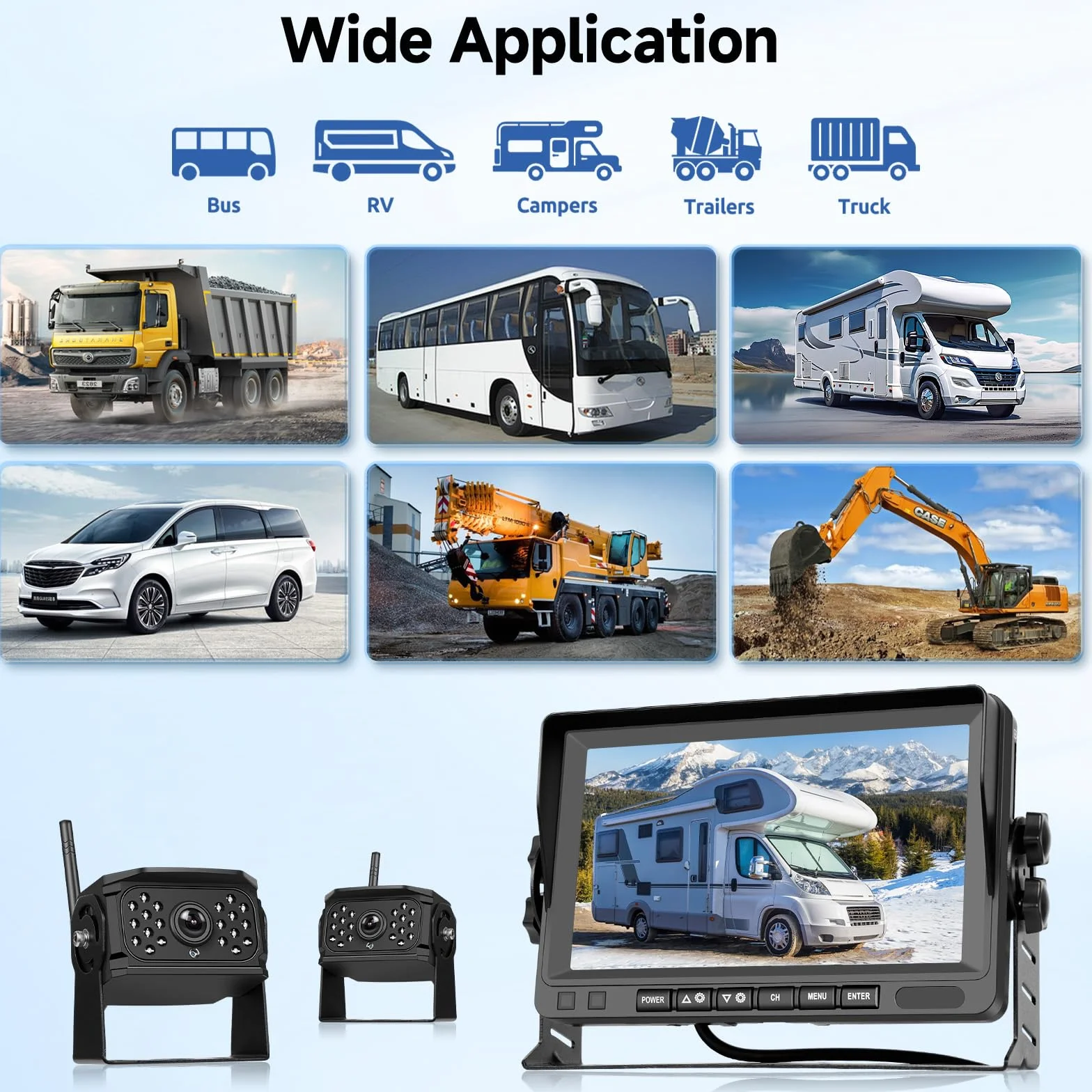 VECHTEL Bezprzewodowa kamera cofania 1080P z 7-calowym monitorem IPS, zestaw DVR+2 x kamera cofania samochodu, IP68, noktowizor, linie jazdy DIY, do ciężarówek, autobusów, Van, kamperów, SUV,