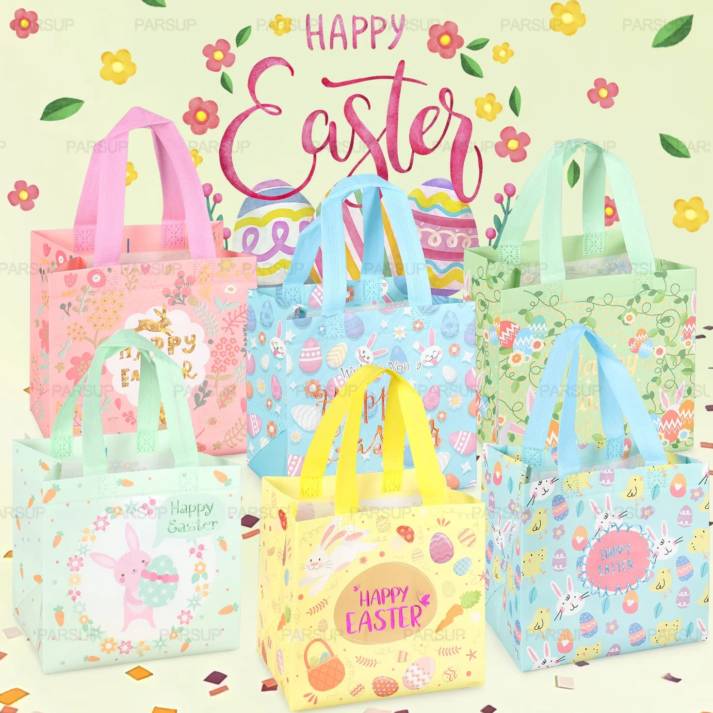 Sacs de Pâques non tissés avec poignées pour chasse aux œufs et emballage de cadeaux 21×20×15cm lot de 6