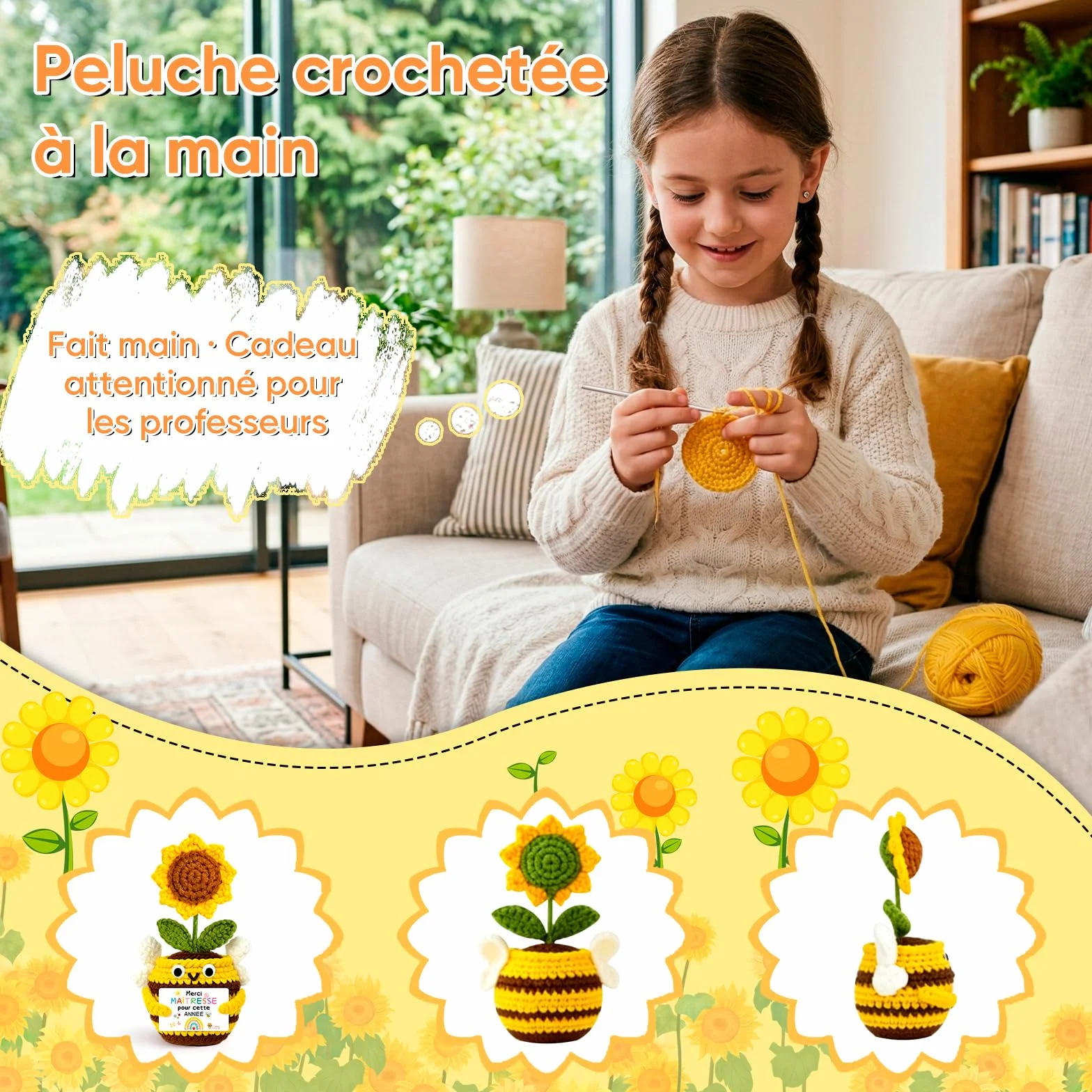 Peluche Abeille Tournesol Crochetée à la Main avec Carte Merci Maitresse