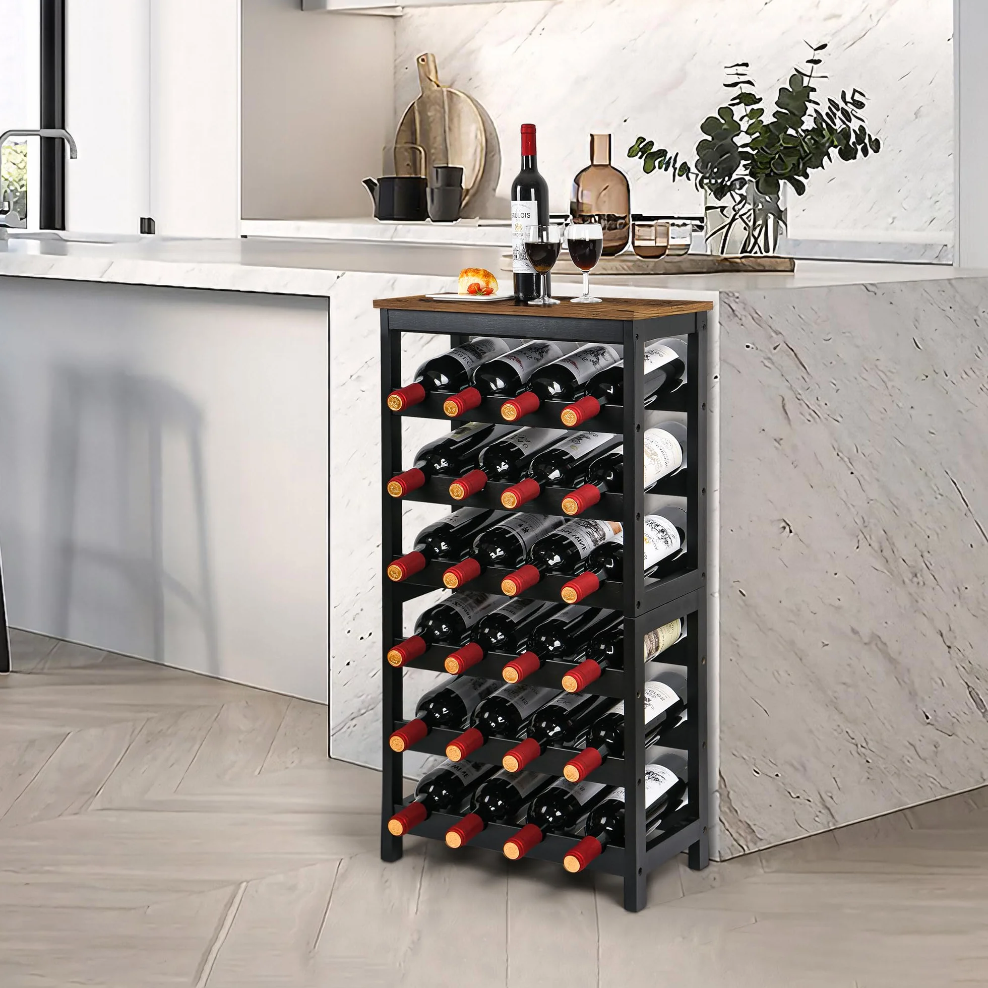 VASMIA Casier à Bouteilles pour 24 Bouteilles, Rangement Bouteille Vin en Bambou, Étagère à Vin Autoportante 6 Niveaux, pour Cave, Cuisine, Bars, 41x24x82 cm, Marron Rustique