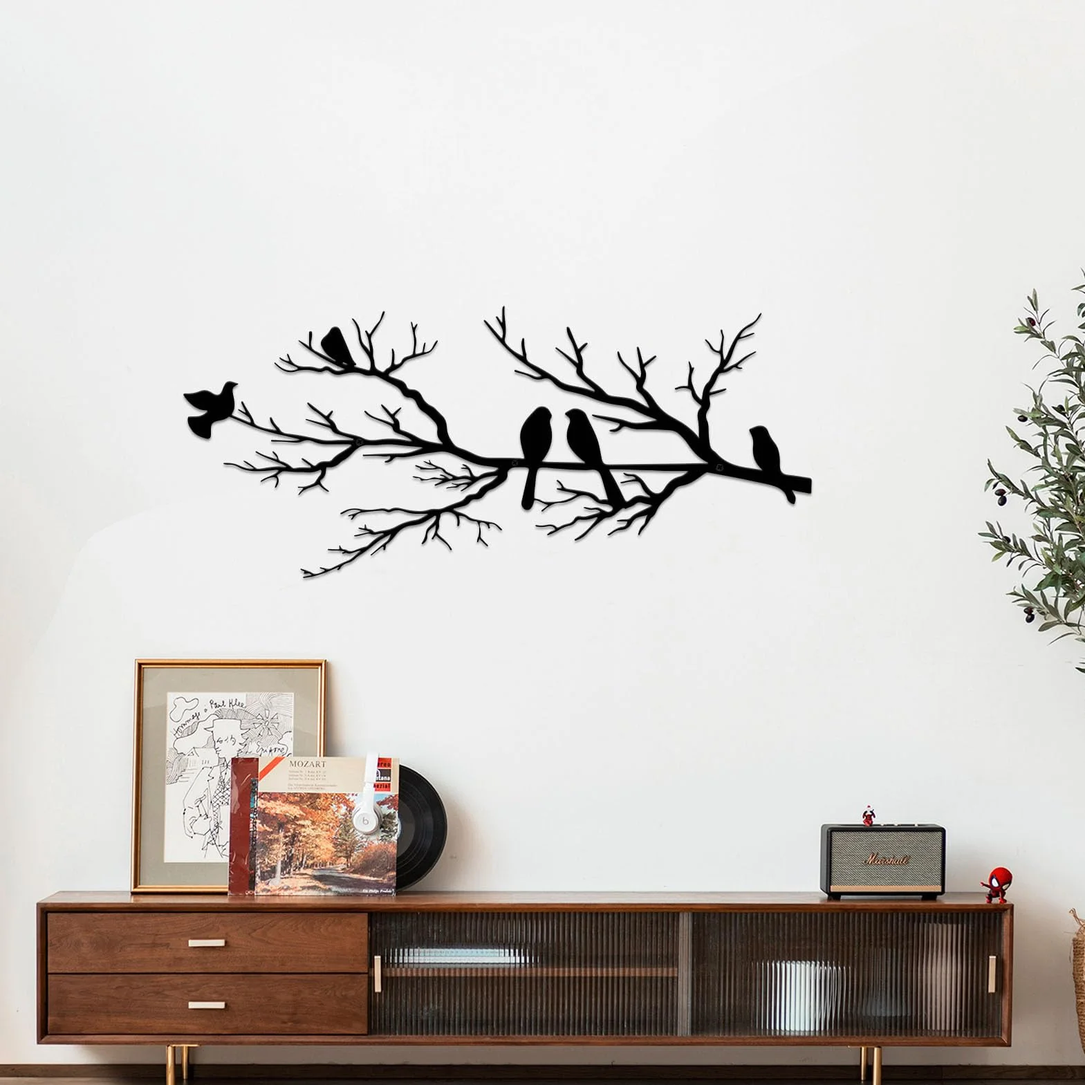 ESTART Décoration murale extérieure en métal silhouette d'oiseaux sur une branche feuilles noires sculpture murale pour maison jardin