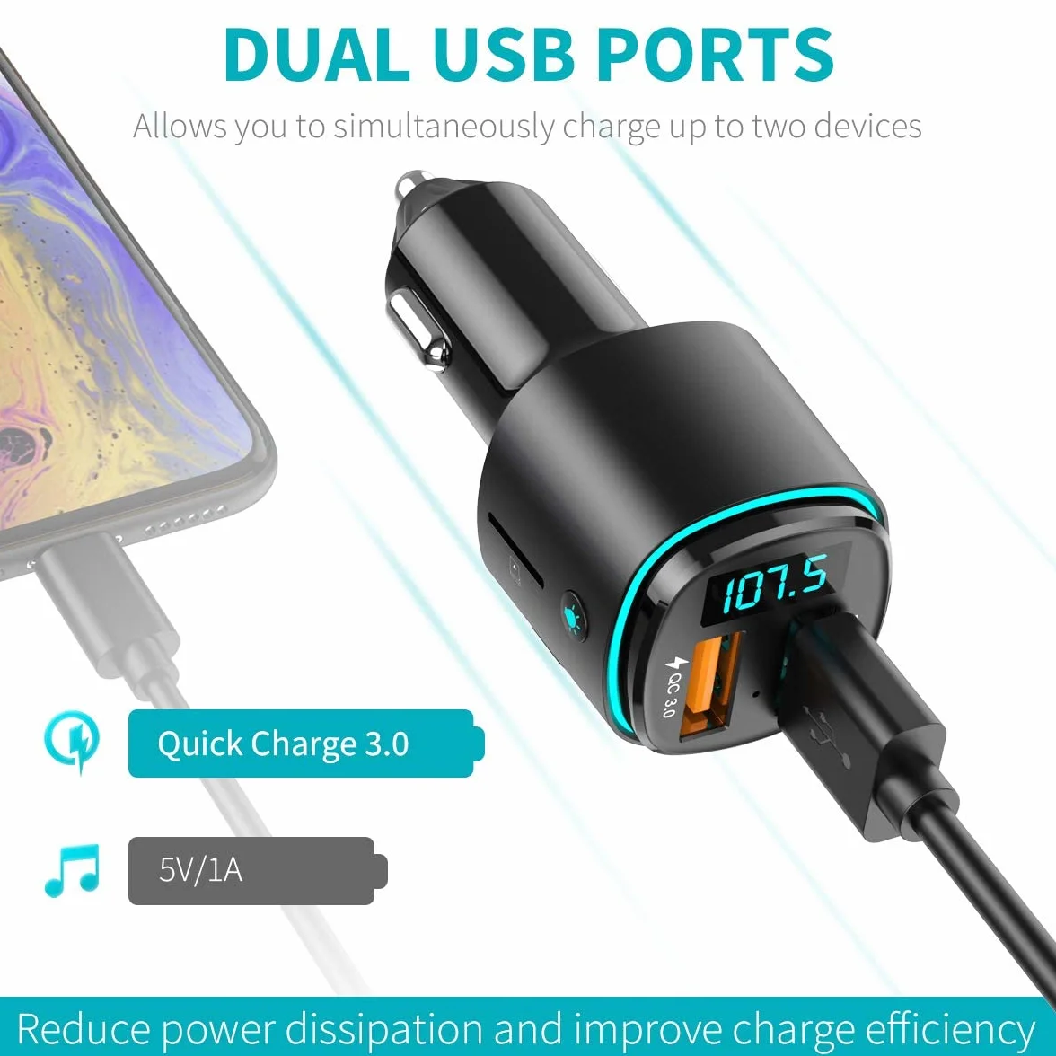 ORIA nadajnik FM Bluetooth, adapter radiowy samochodowy, z Siri Assistant, QC 3.0 USB Port, samochodowy Bluetooth adapter muzyczny, zestaw samochodowy, obsługuje kartę USB/TF, pistolet czarny