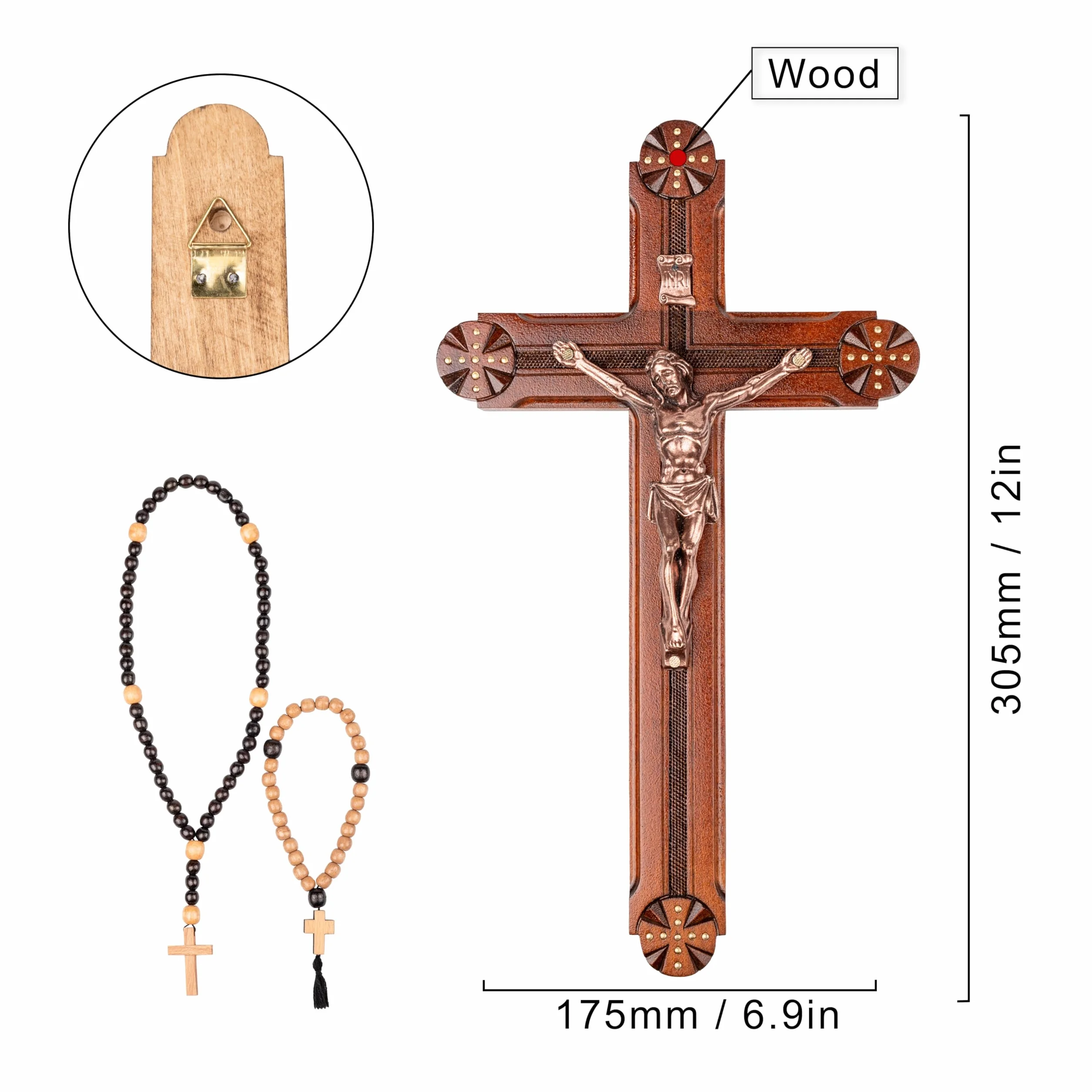 Woodvio - Croix murale en bois faite à la main, finition sculptée à la main, crucifix catholique