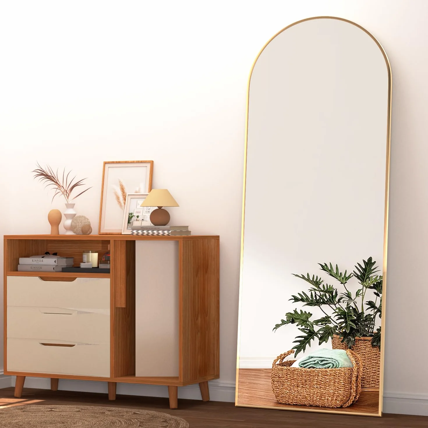 Grand Miroir Pleine Longueur Arqué 162 x 53 cm Doré Mural avec Support Suspendre ou Appuyer
