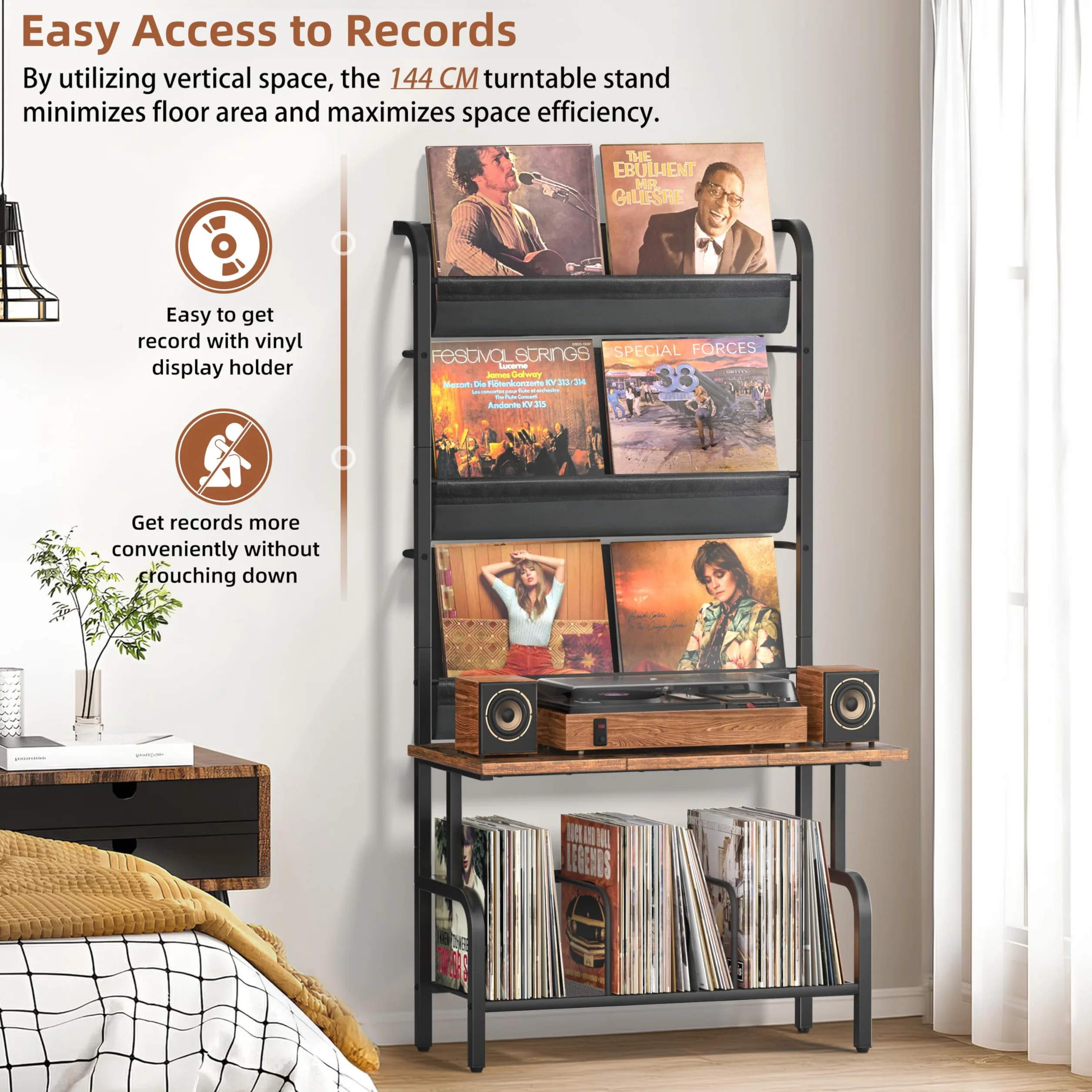 Bikoney Meuble Tourne-disque avec Rangement Vinyles – Support Platine Vinyle pour Jusqu’à 300 Albums, Table de Tourne-disque Vintage, Étagère de Rangement pour Disques et Stéréo Plus Grand