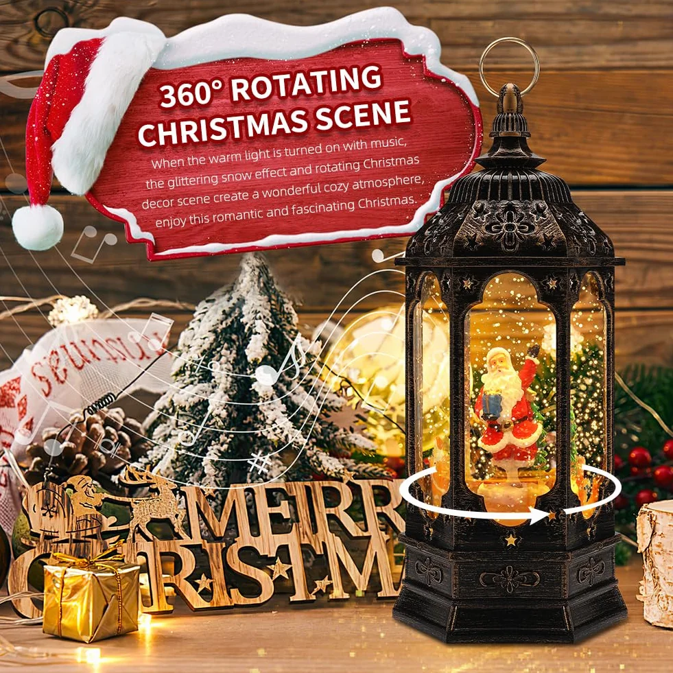 Lanterne Noel,Lanterne Boule à Neige Musicale LED de Noël,Lampe de Noel Lumineux Bonhomme et Flocon de Neige avec Christmas Songs, pour Décoration Noel Intérieure, Prise USB ou Alimenté par Pile