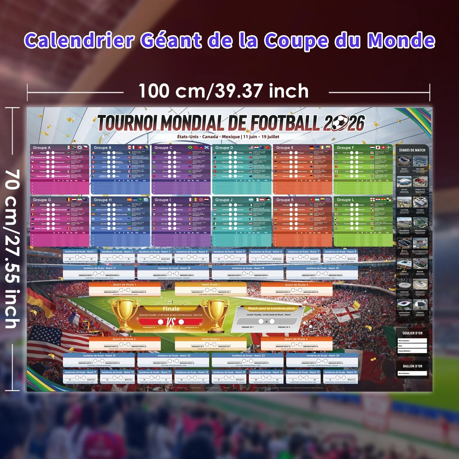 AhfuLife Calendrier Coupe du Monde de Football 2026, 100 x 70cm Poster 48 Pays Phase de Groupes Résultats Finale