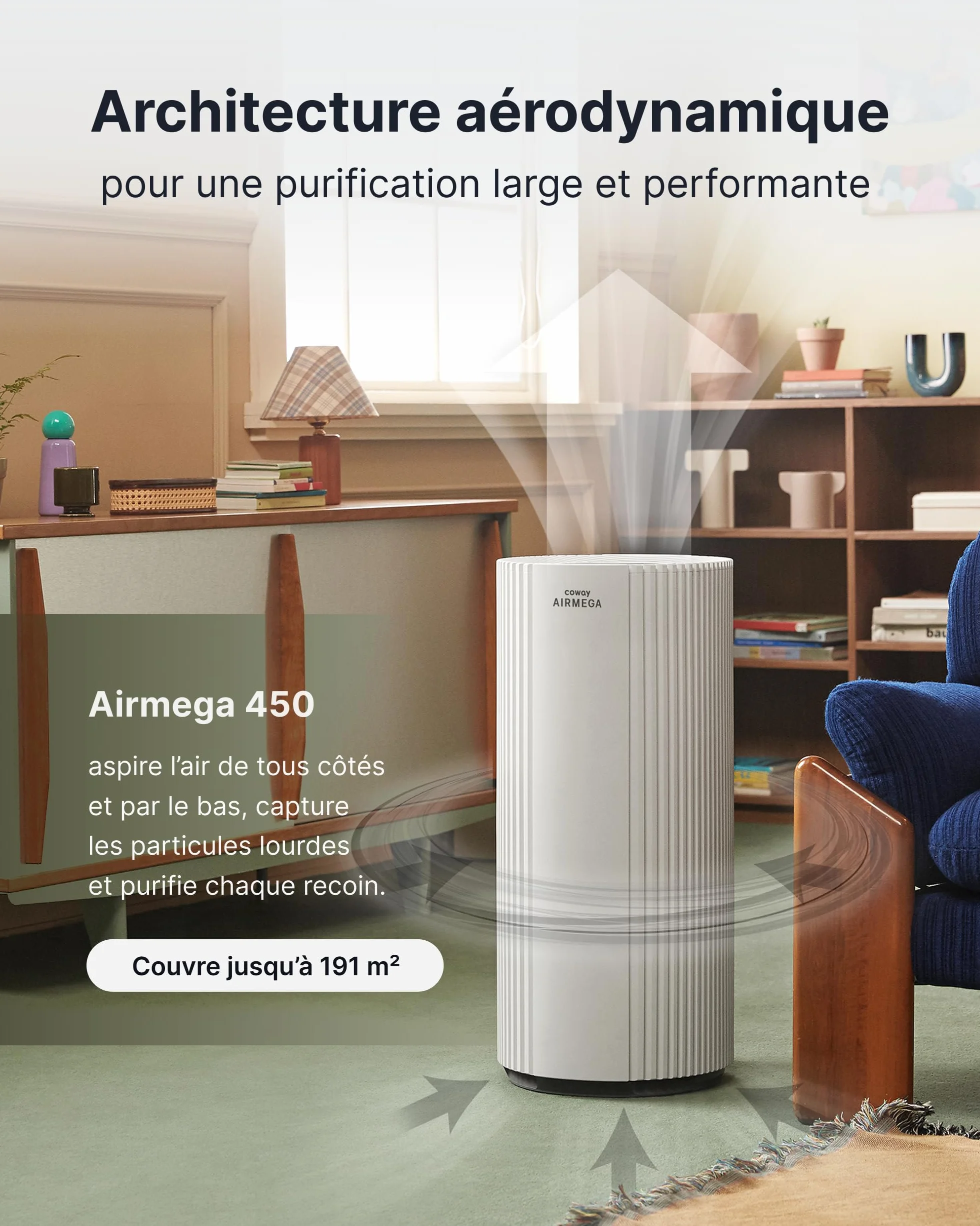 COWAY Purificateur d’air grande pièce, CADR 734 m³/h, purifie 153 m² en 30 min, filtre HEPA fumée, allergies, poils animaux, odeurs, affichage PM1/2.5/10, mode éco, AIRMEGA 450 Blanc