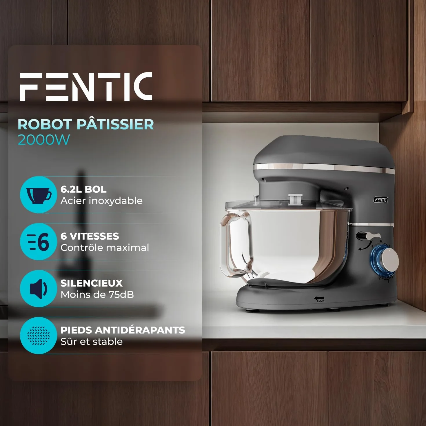 Robot Pâtissier – 2000W – Bol mélangeur en acier inoxydable (6,2L) – Avec fouet, Crochet pétrisseur et Batteur plat – Incl. et accessoires supplémentaires (Anthracite)