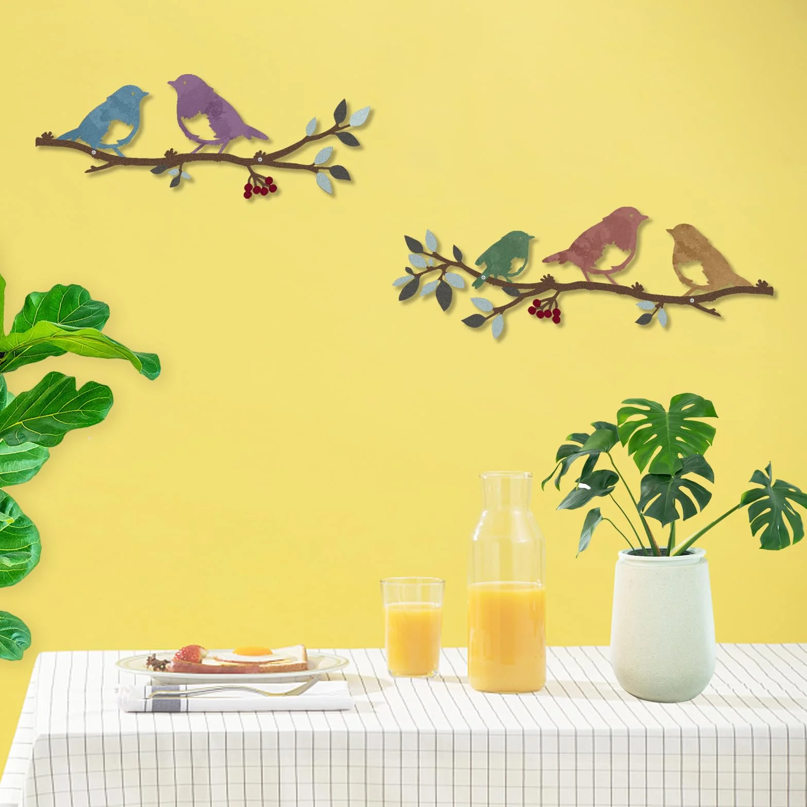 Lot de 2 oiseaux muraux en métal sur une branche, Décoration murale feuilles silhouette oiseaux, Décoration jardin balcon