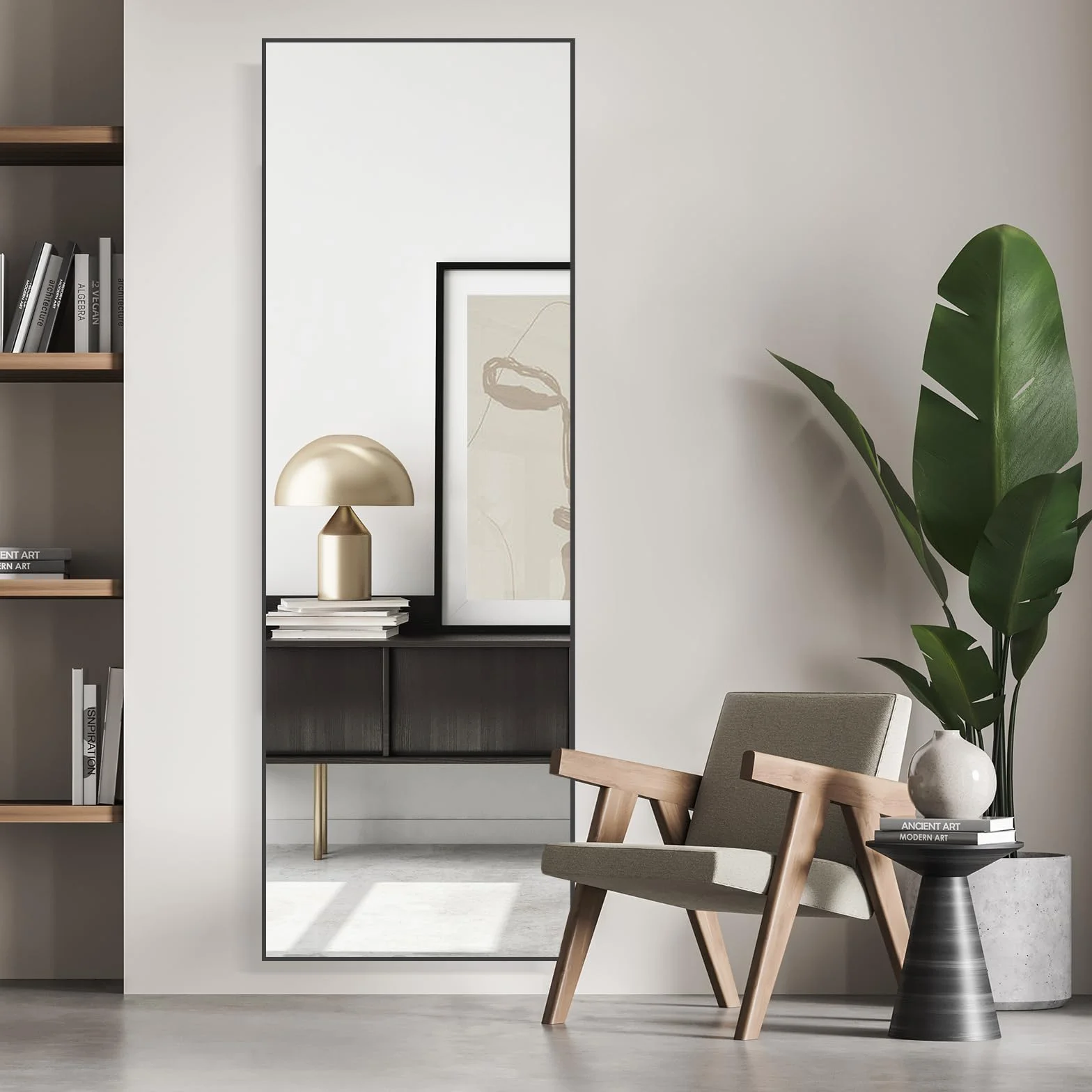 Miroir sur toute la longueur 147 x 44 cm cadre noir pour chambre salon entrée