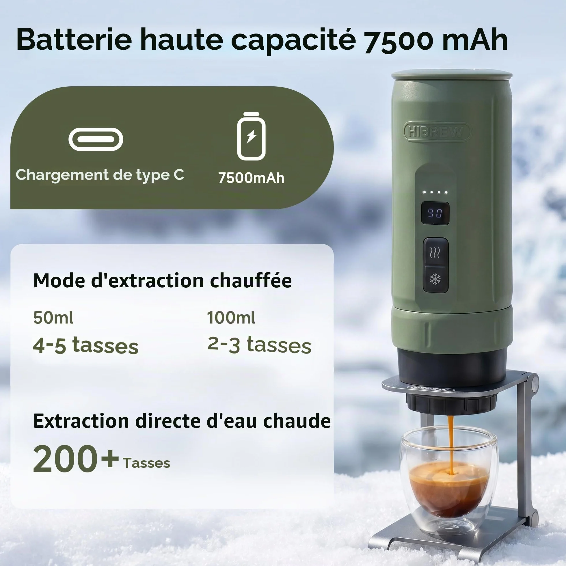 HIBREW H4C Explorer – Cafetière Espresso Électrique Portable, Machine à Café Rechargeable USB-C pour Camping et Voyages, Compacte pour Capsules et Café Moulu, avec Support Pliable et Étui de Transport