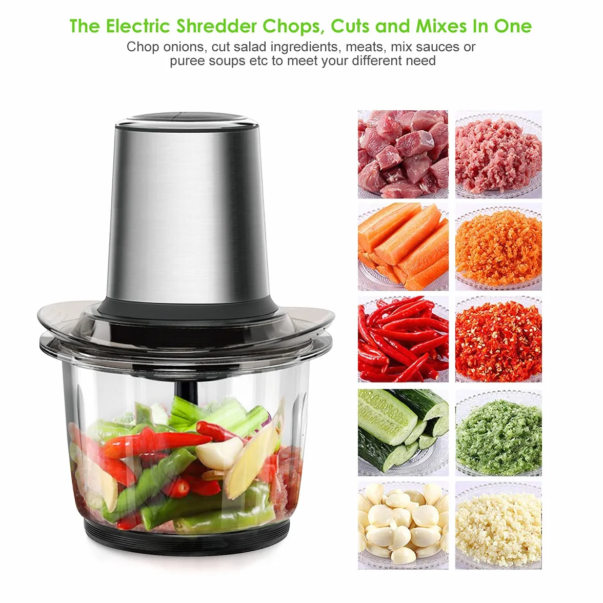 Hachoir Électrique Multifonction Avec Bol Verre 1.5L - 400W, 2 Niveaux de Vitesse, 4 Lames Amovibles pour Viande, Oignon, Herbes, Fruit Sec Rapide
