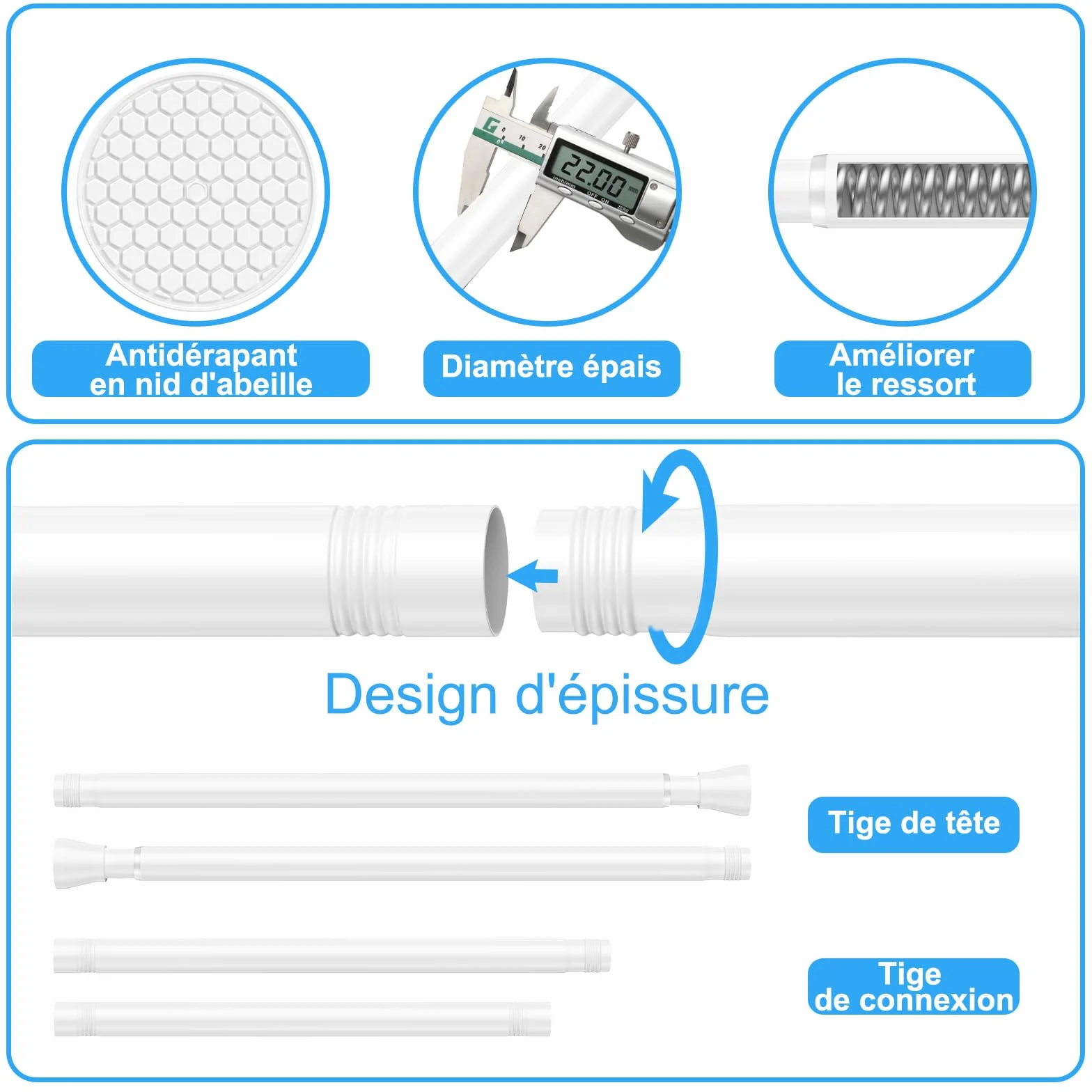 Tringle rideau sans perçage extensible 115-195 cm blanc diamètre 22 mm fenêtre penderie